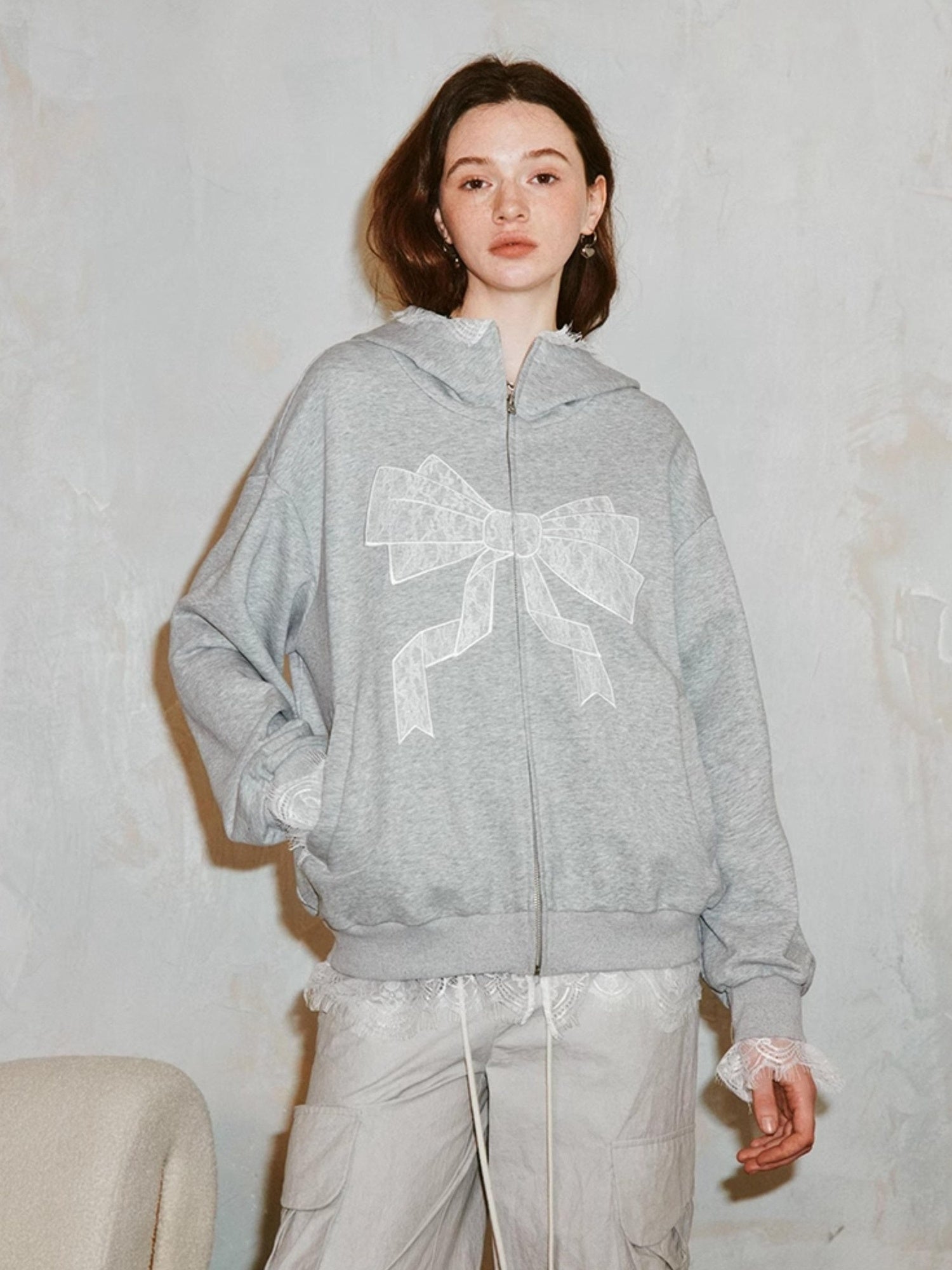 DIDDI MODA Lace Bow Gray Hoodie Sweatshirt Casual Oversized Top