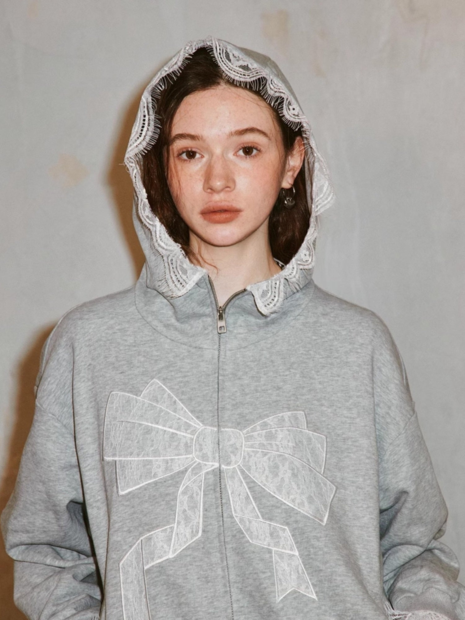DIDDI MODA Lace Bow Gray Hoodie Sweatshirt Casual Oversized Top