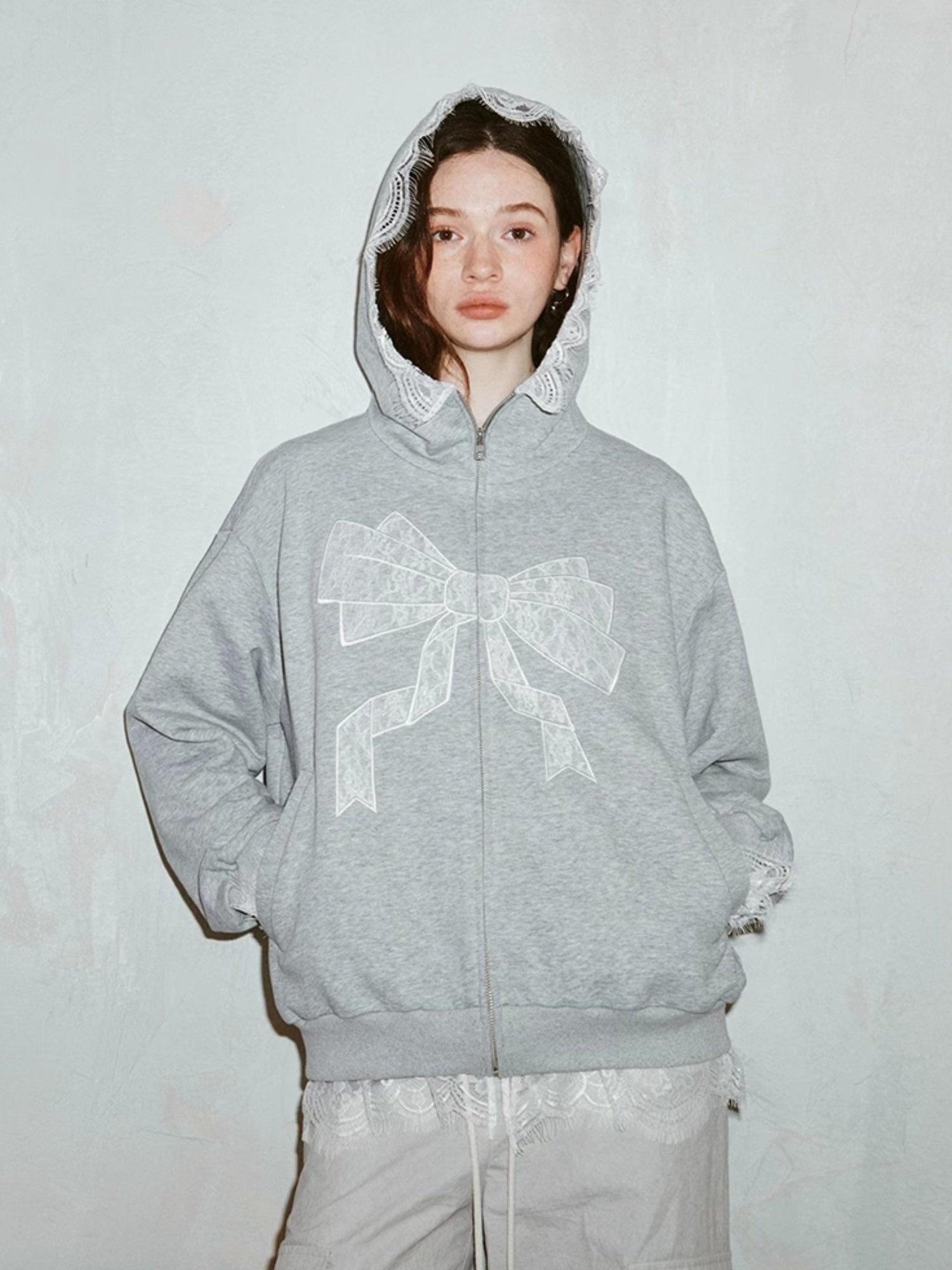DIDDI MODA Lace Bow Gray Hoodie Sweatshirt Casual Oversized Top