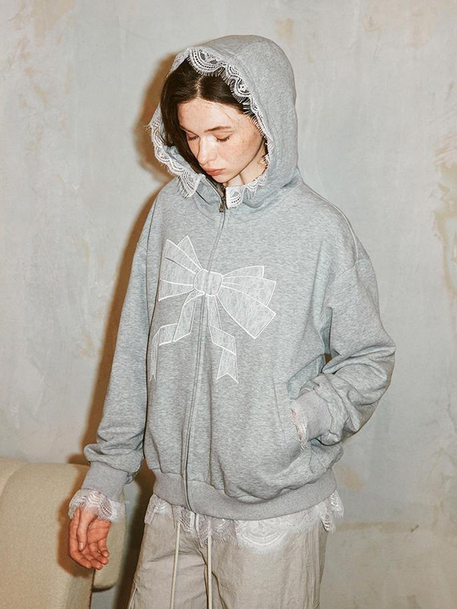 DIDDI MODA Lace Bow Gray Hoodie Sweatshirt Casual Oversized Top