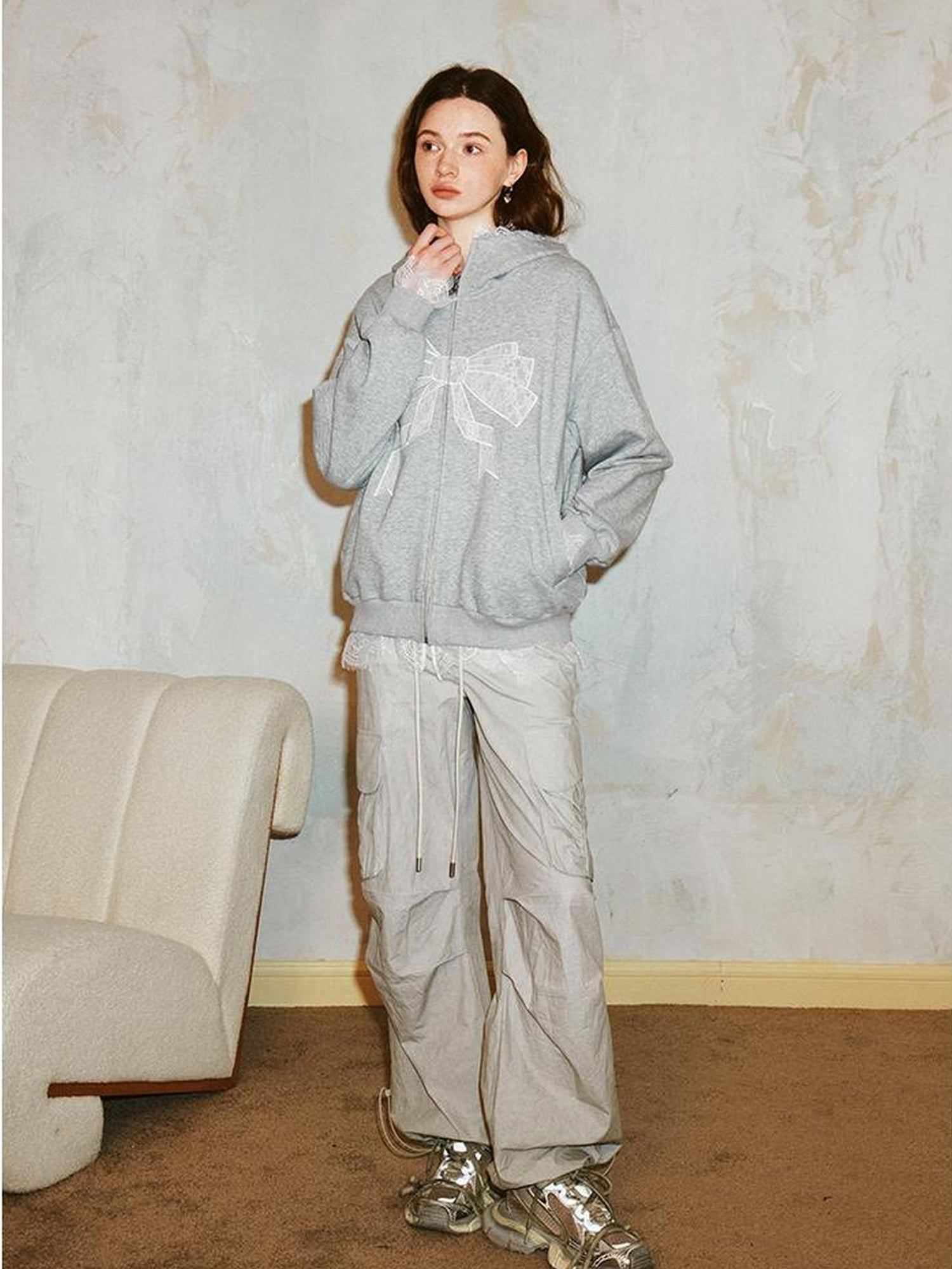 DIDDI MODA Lace Bow Gray Hoodie Sweatshirt Casual Oversized Top