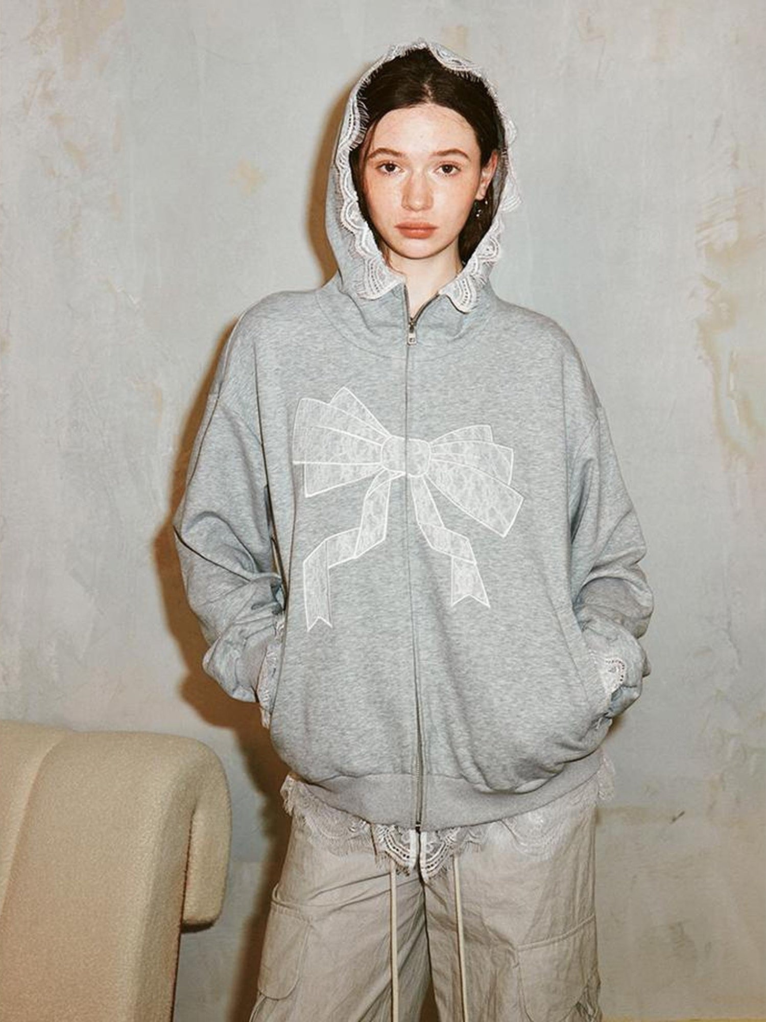 DIDDI MODA Lace Bow Gray Hoodie Sweatshirt Casual Oversized Top
