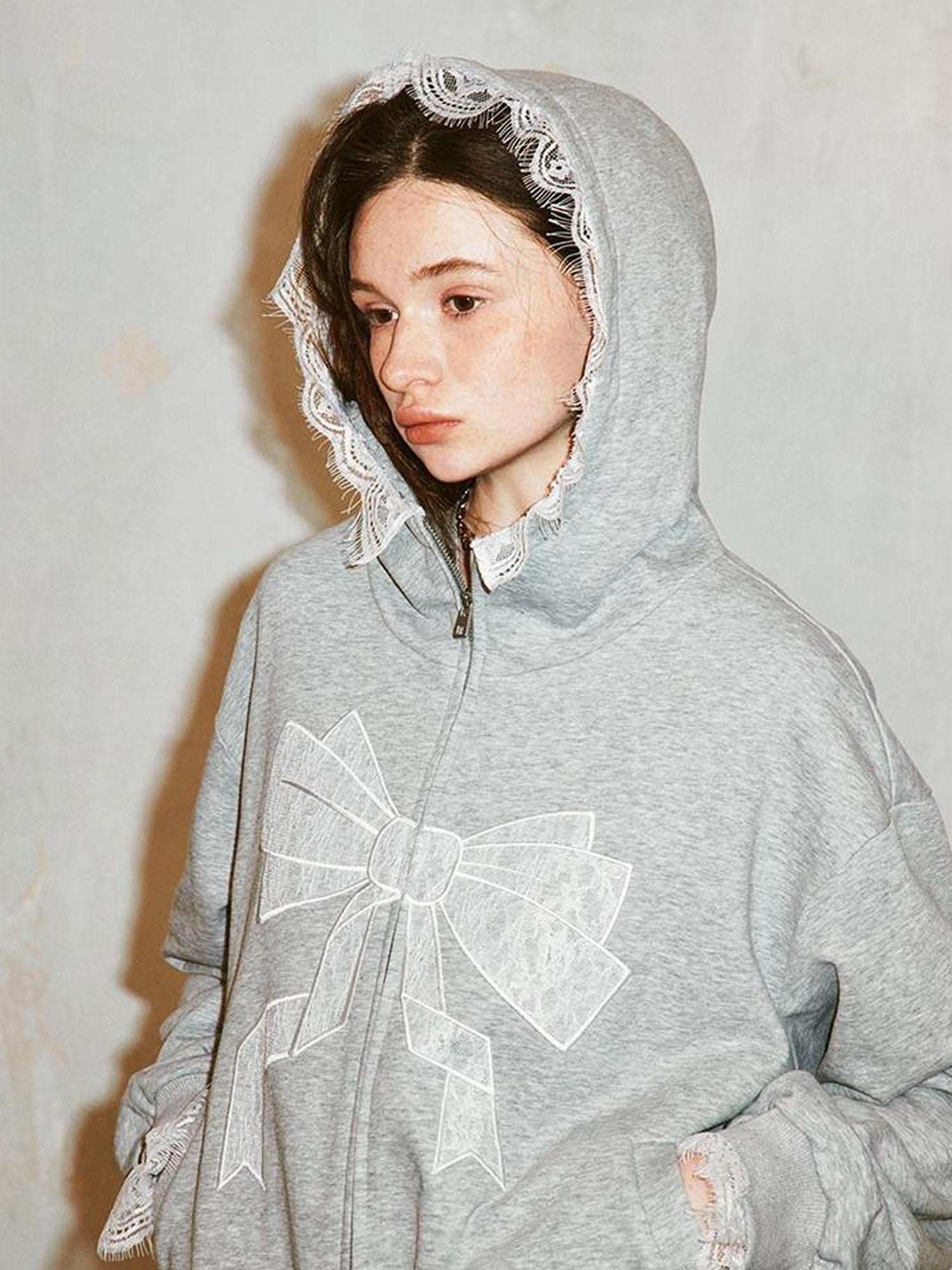 DIDDI MODA Lace Bow Gray Hoodie Sweatshirt Casual Oversized Top