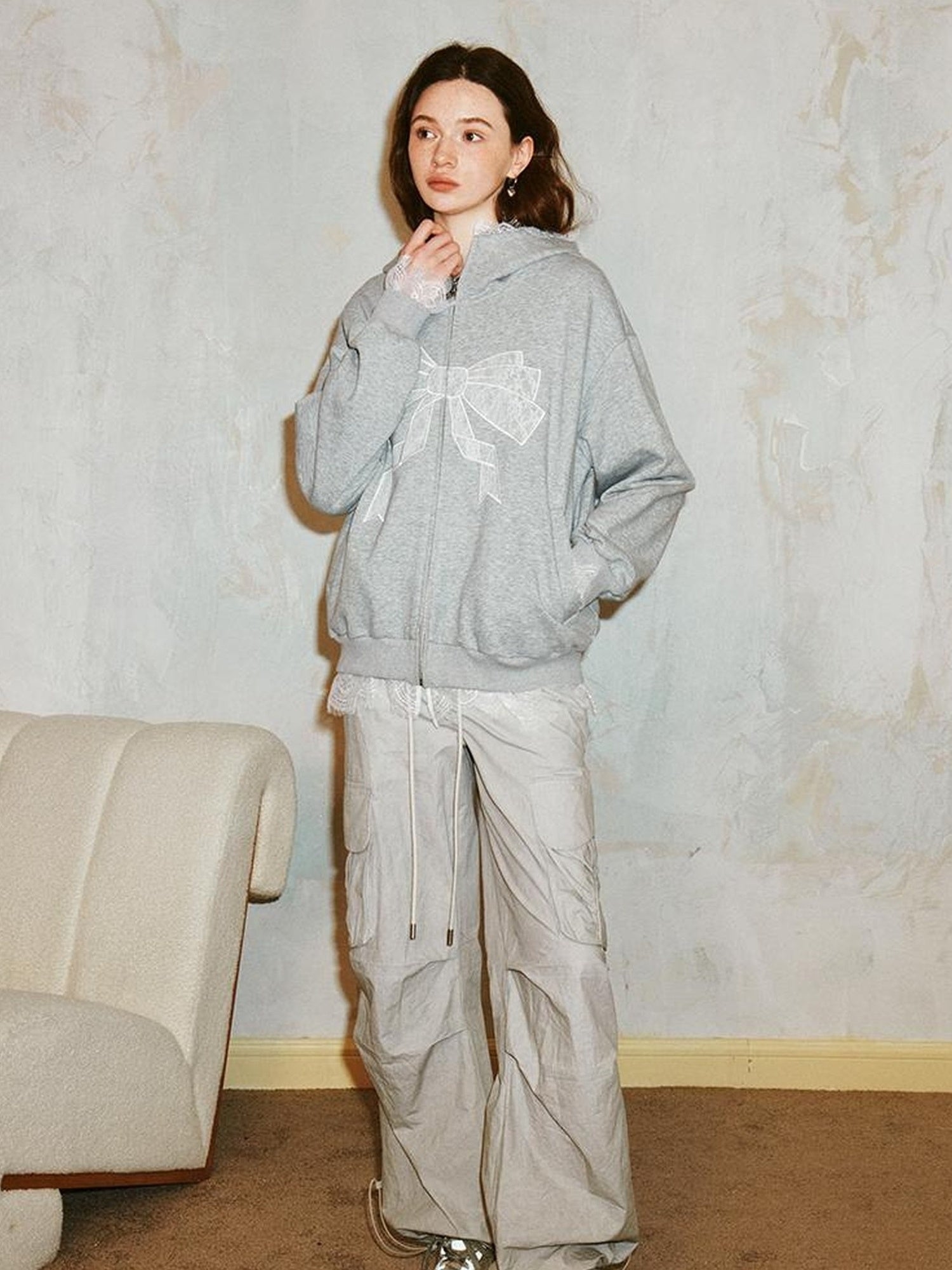 DIDDI MODA Lace Bow Gray Hoodie Sweatshirt Casual Oversized Top