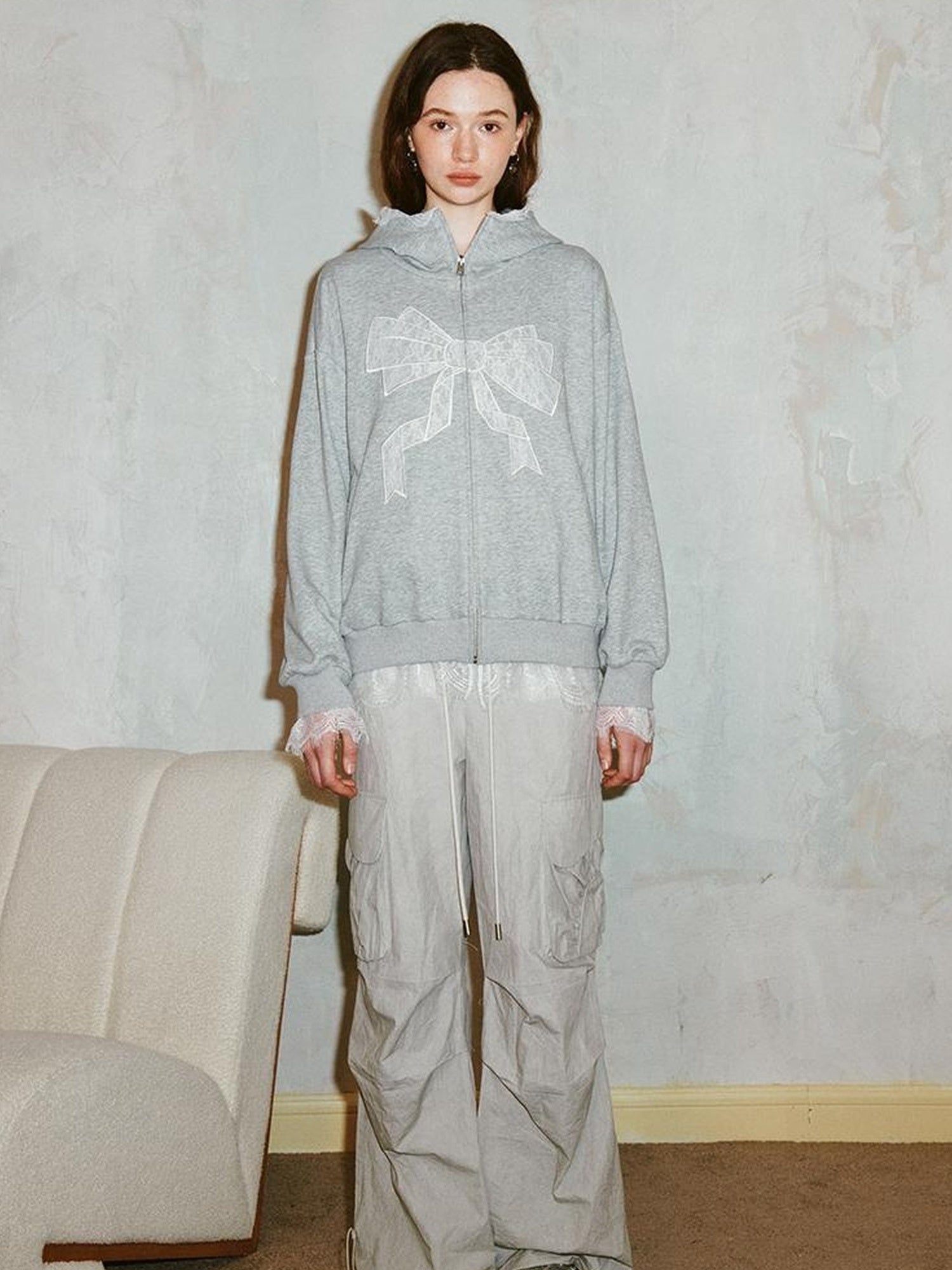DIDDI MODA Lace Bow Gray Hoodie Sweatshirt Casual Oversized Top