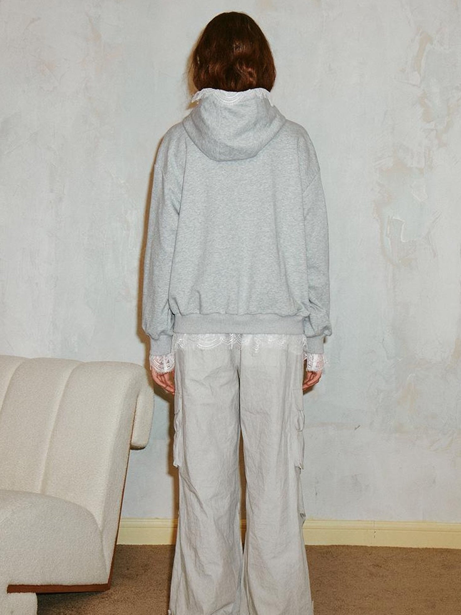 DIDDI MODA Lace Bow Gray Hoodie Sweatshirt Casual Oversized Top
