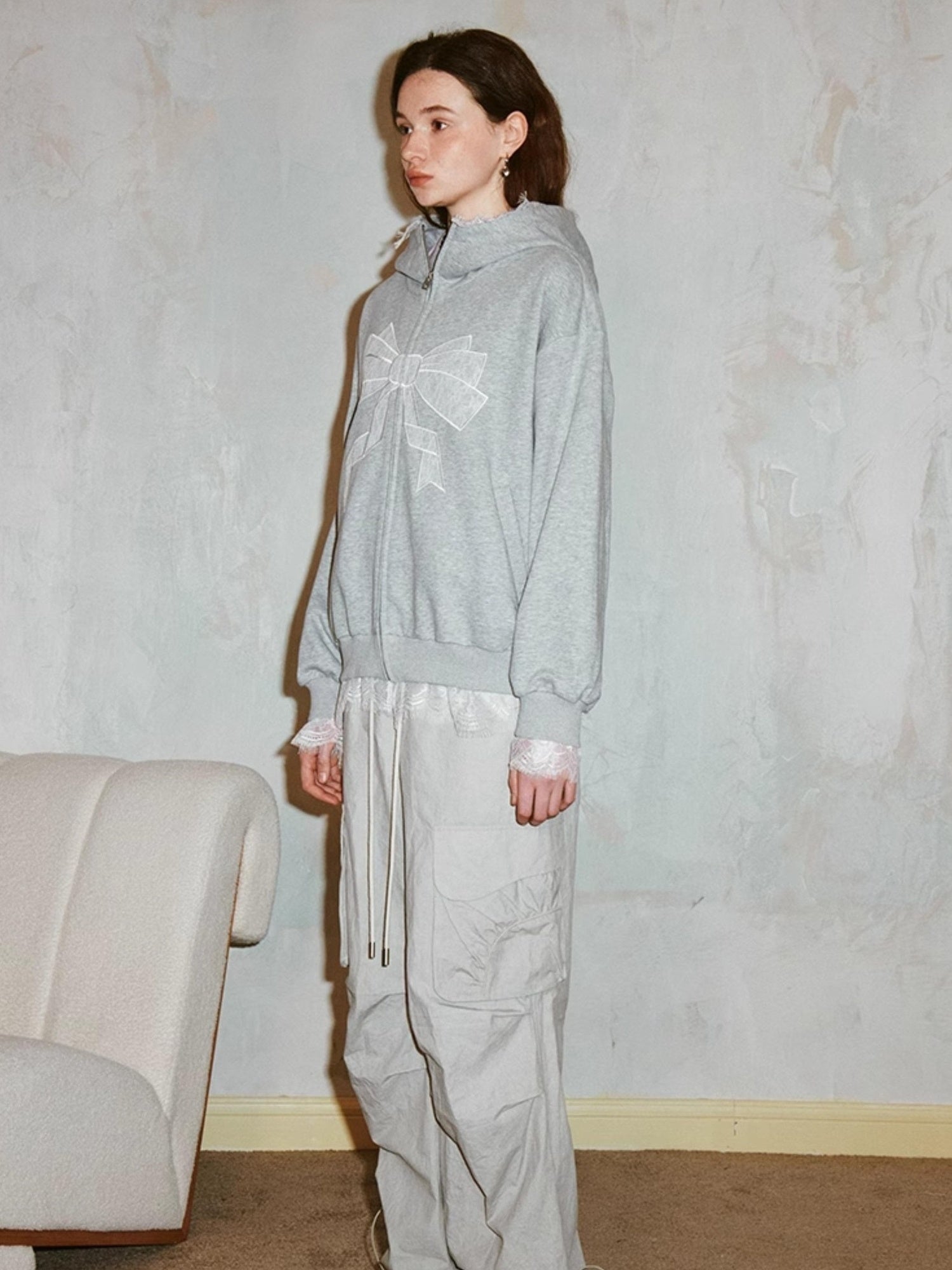 DIDDI MODA Lace Bow Gray Hoodie Sweatshirt Casual Oversized Top