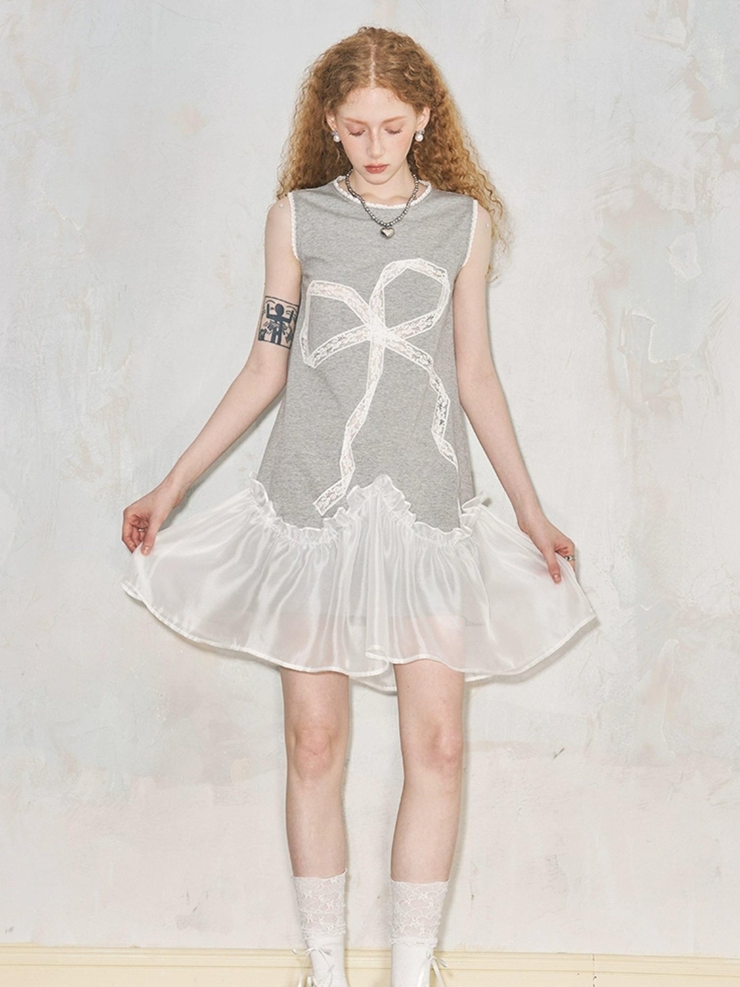 DIDDI MODA Lace Bow Sheer A Line Sundress