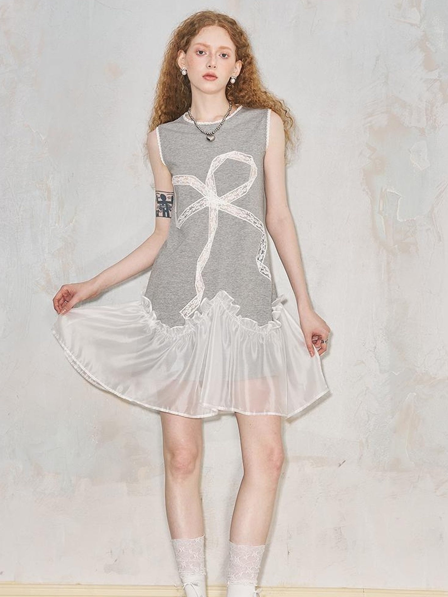 DIDDI MODA Lace Bow Sheer A Line Sundress