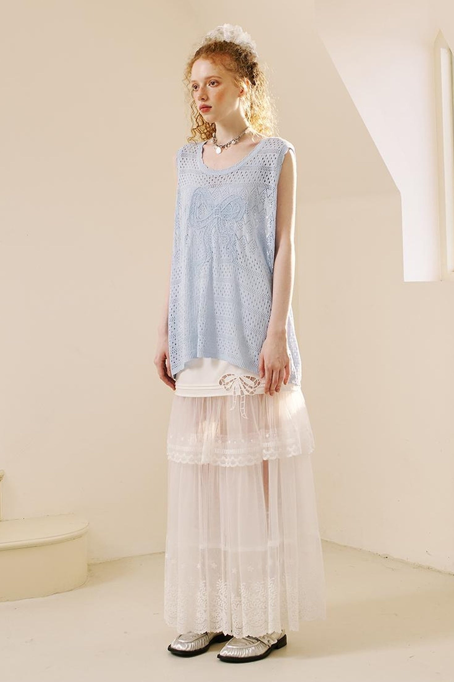 DIDDI MODA Lace Bow Trimmed Sheer Mesh Midi Skirt