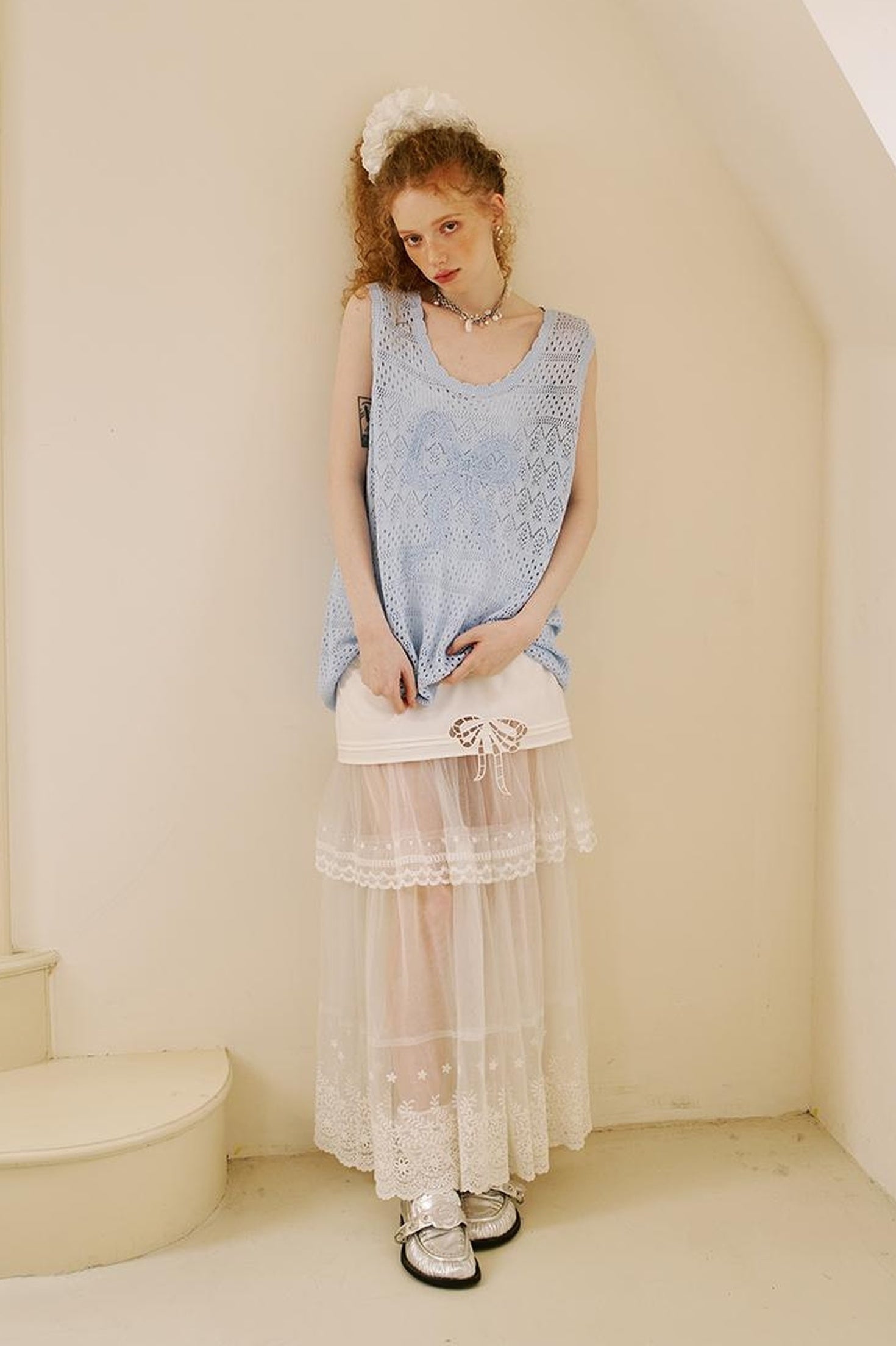 DIDDI MODA Lace Bow Trimmed Sheer Mesh Midi Skirt