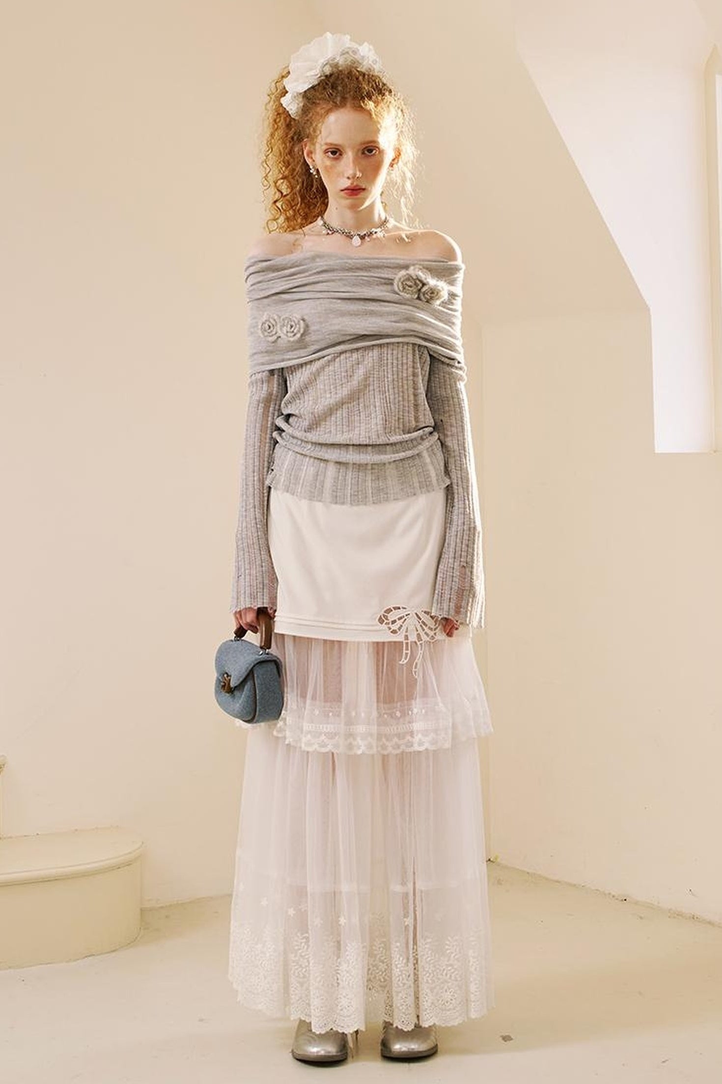 DIDDI MODA Lace Bow Trimmed Sheer Mesh Midi Skirt