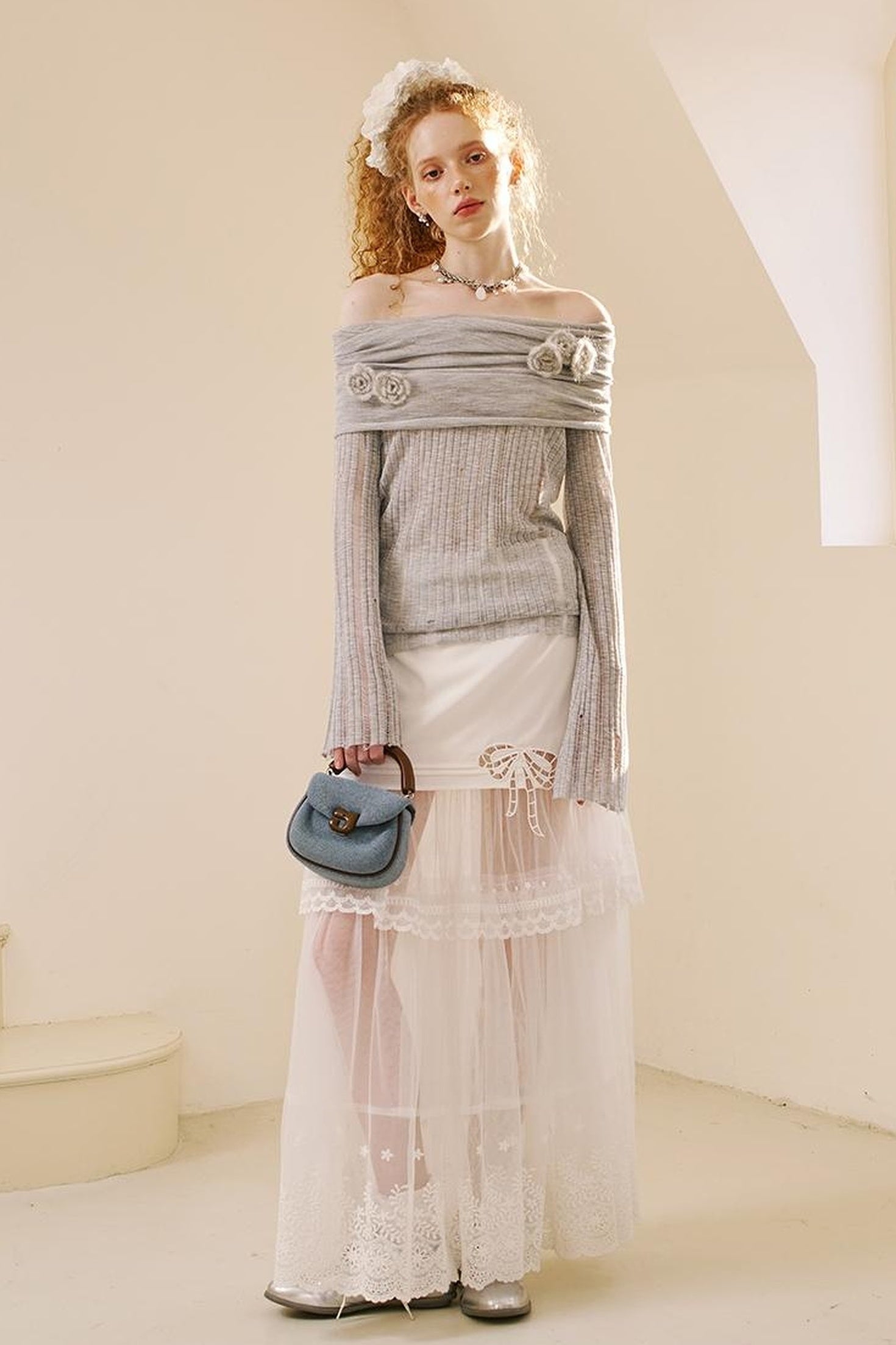 DIDDI MODA Lace Bow Trimmed Sheer Mesh Midi Skirt