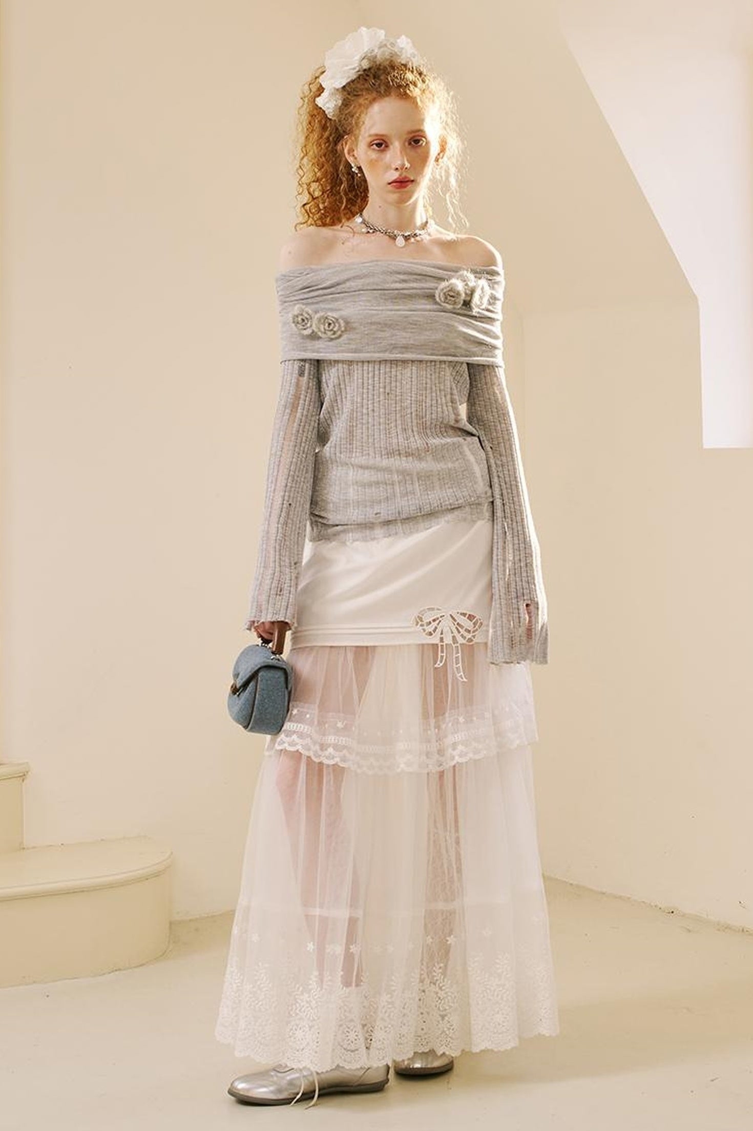 DIDDI MODA Lace Bow Trimmed Sheer Mesh Midi Skirt