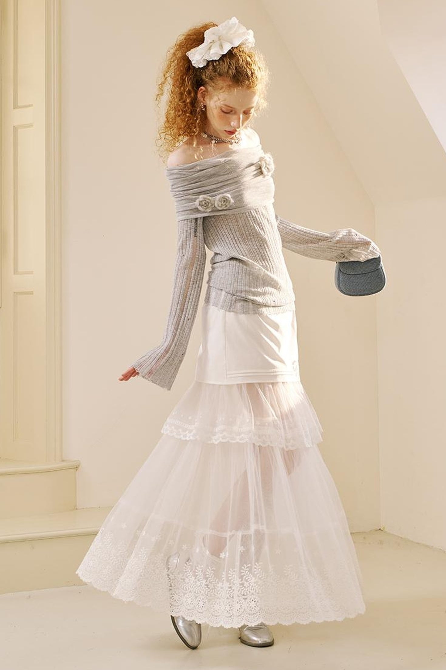 DIDDI MODA Lace Bow Trimmed Sheer Mesh Midi Skirt