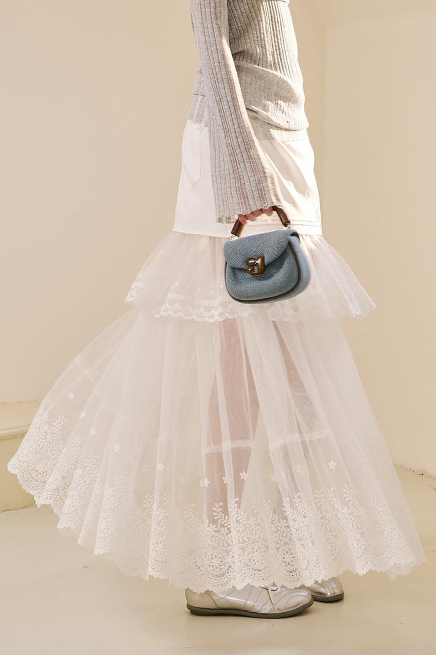 DIDDI MODA Lace Bow Trimmed Sheer Mesh Midi Skirt