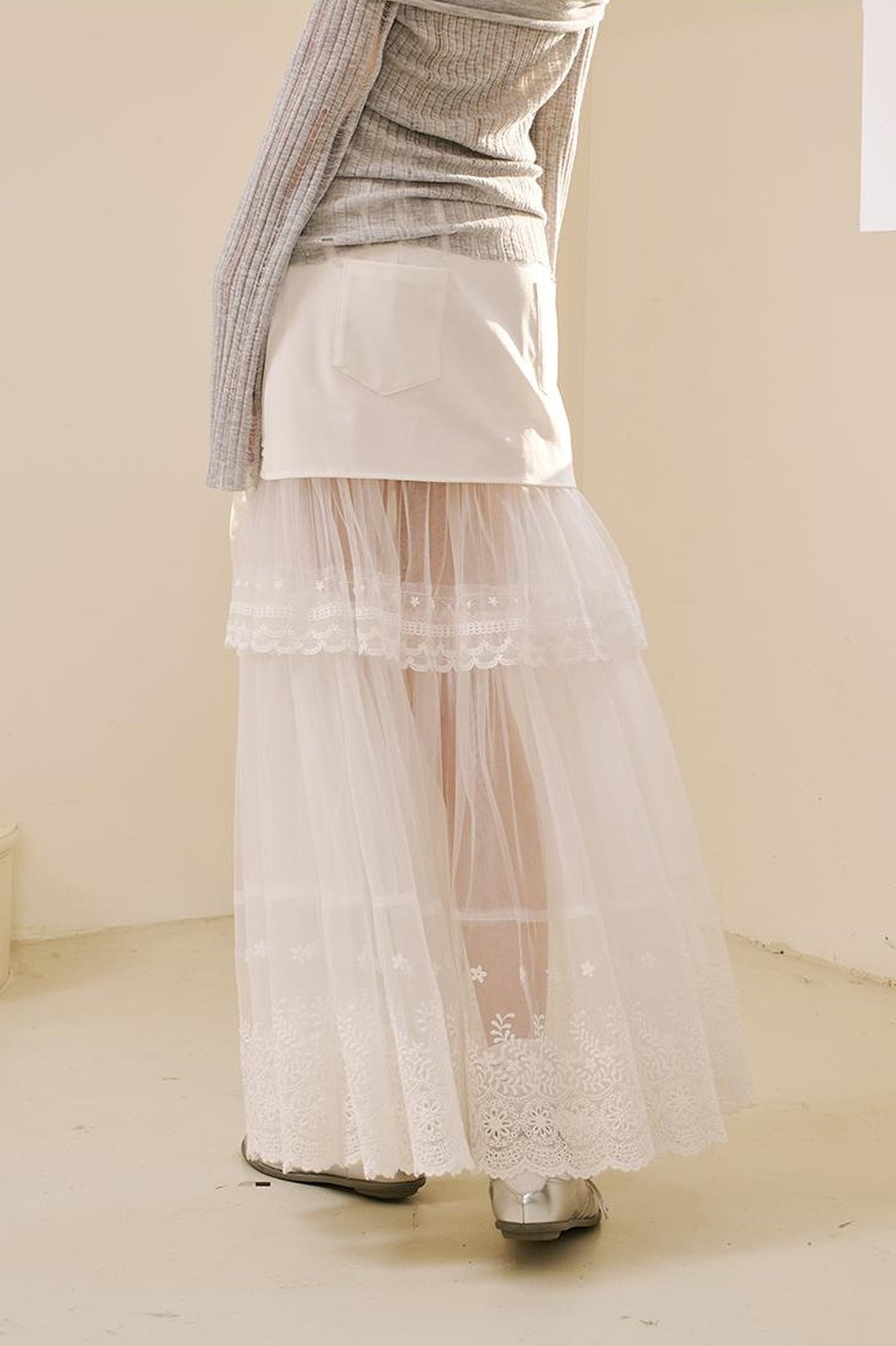 DIDDI MODA Lace Bow Trimmed Sheer Mesh Midi Skirt