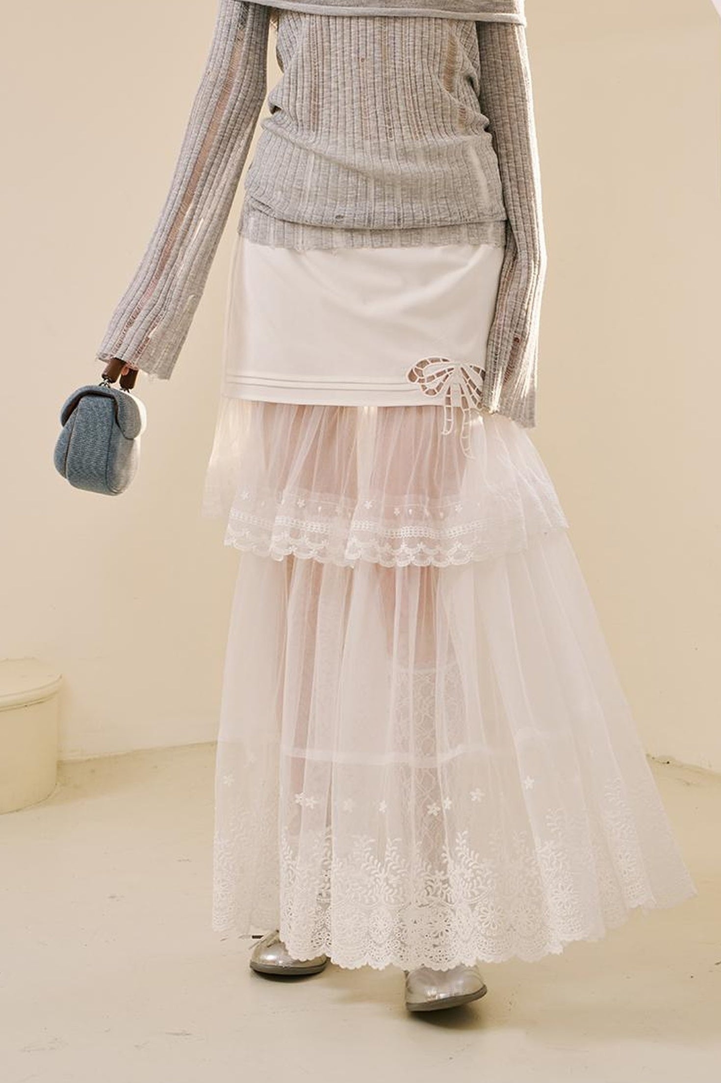 DIDDI MODA Lace Bow Trimmed Sheer Mesh Midi Skirt