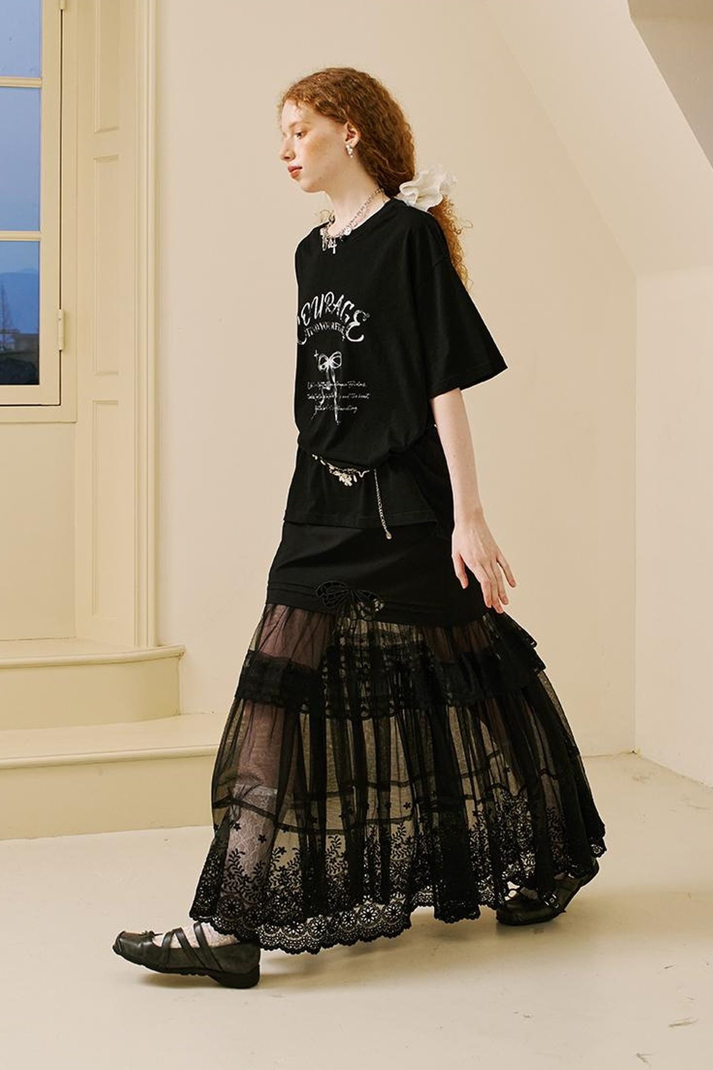 DIDDI MODA Lace Bow Trimmed Sheer Mesh Midi Skirt