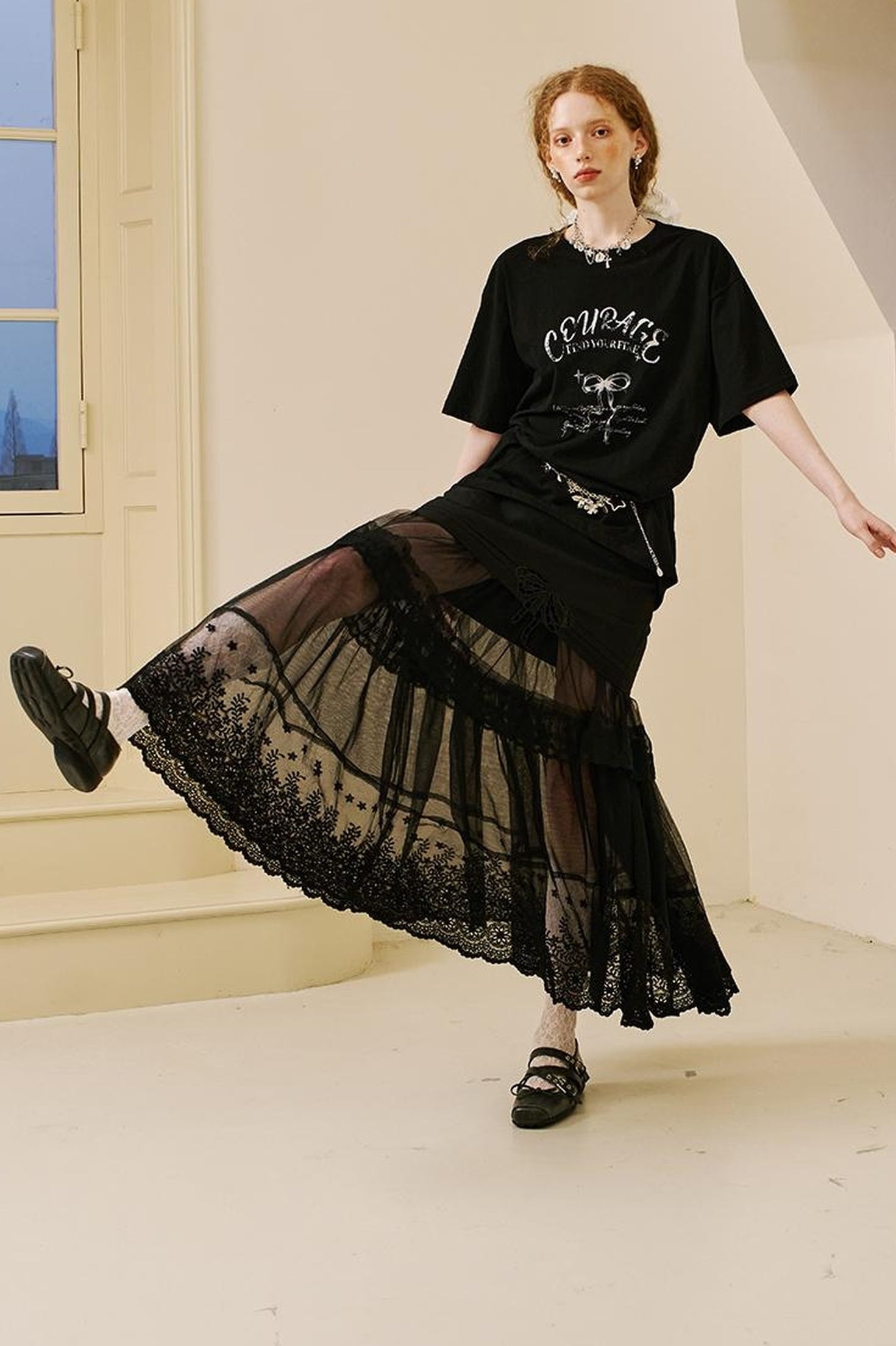 DIDDI MODA Lace Bow Trimmed Sheer Mesh Midi Skirt