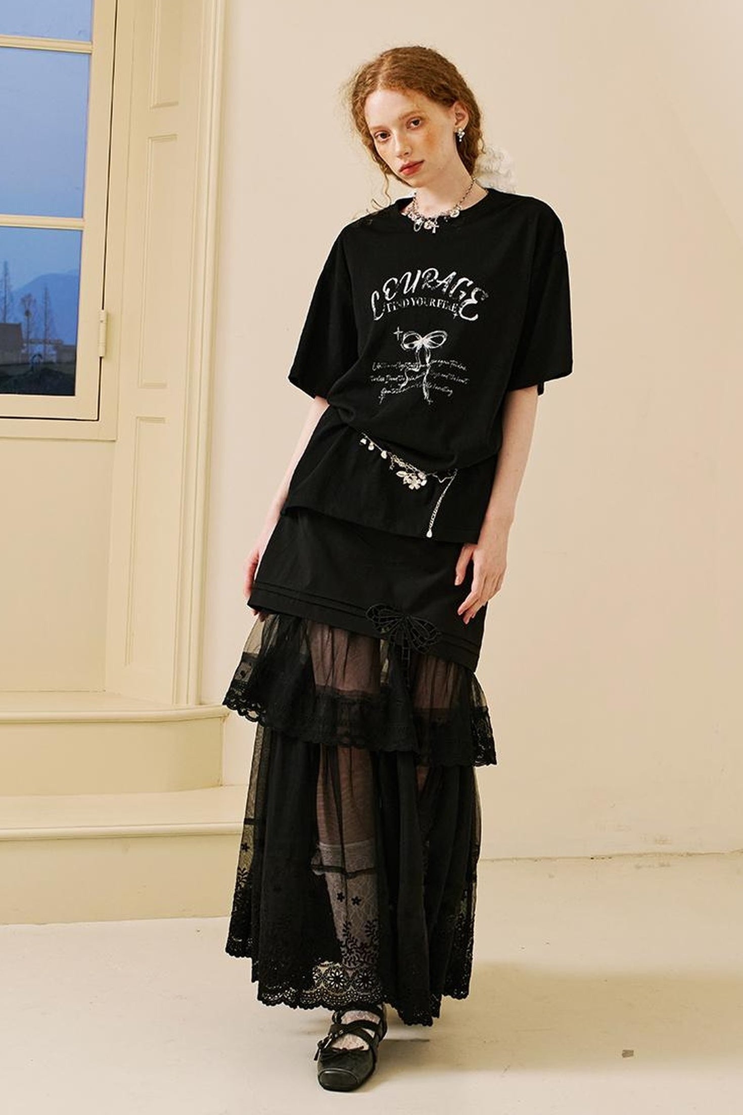 DIDDI MODA Lace Bow Trimmed Sheer Mesh Midi Skirt