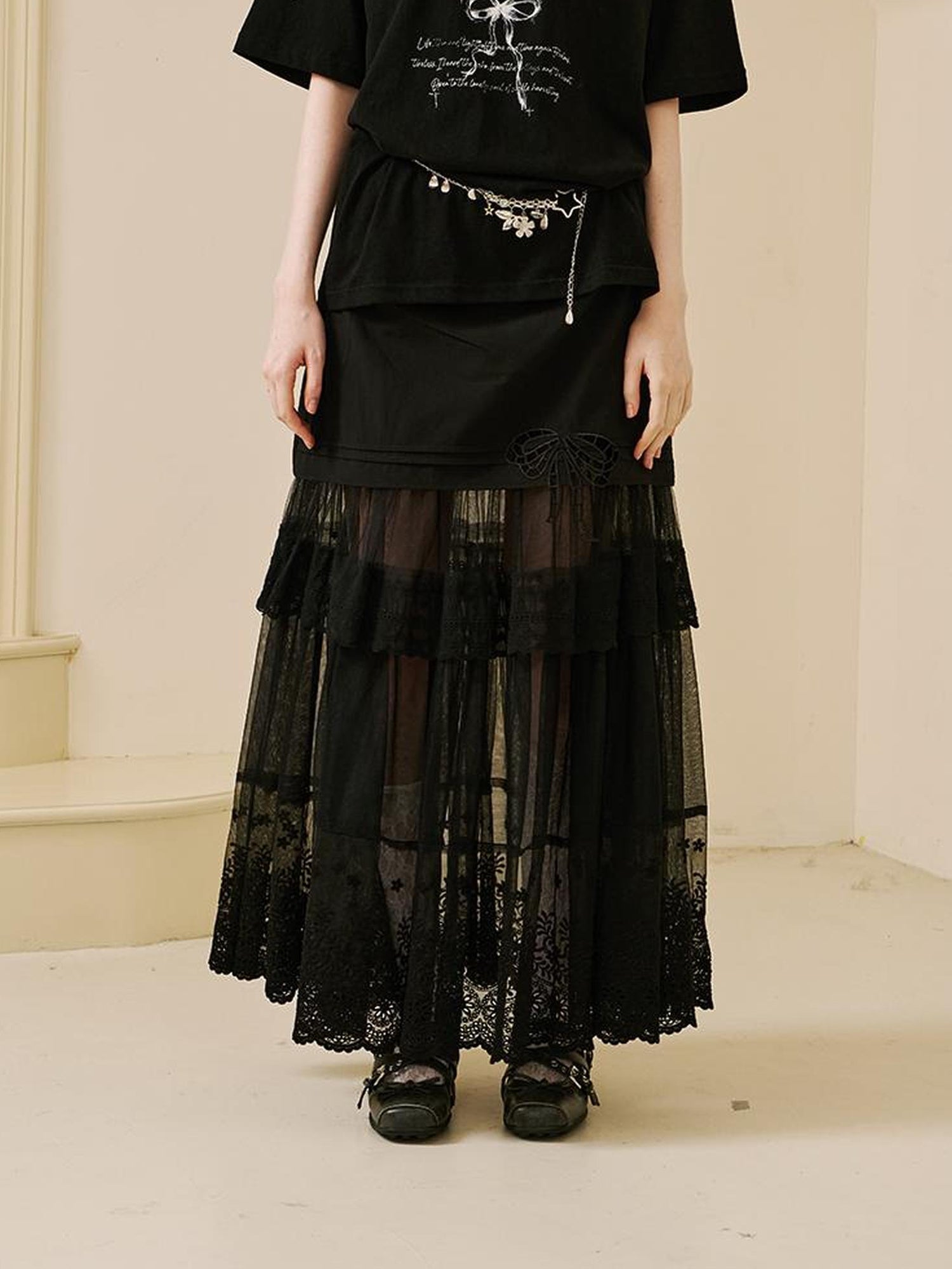 DIDDI MODA Lace Bow Trimmed Sheer Mesh Midi Skirt