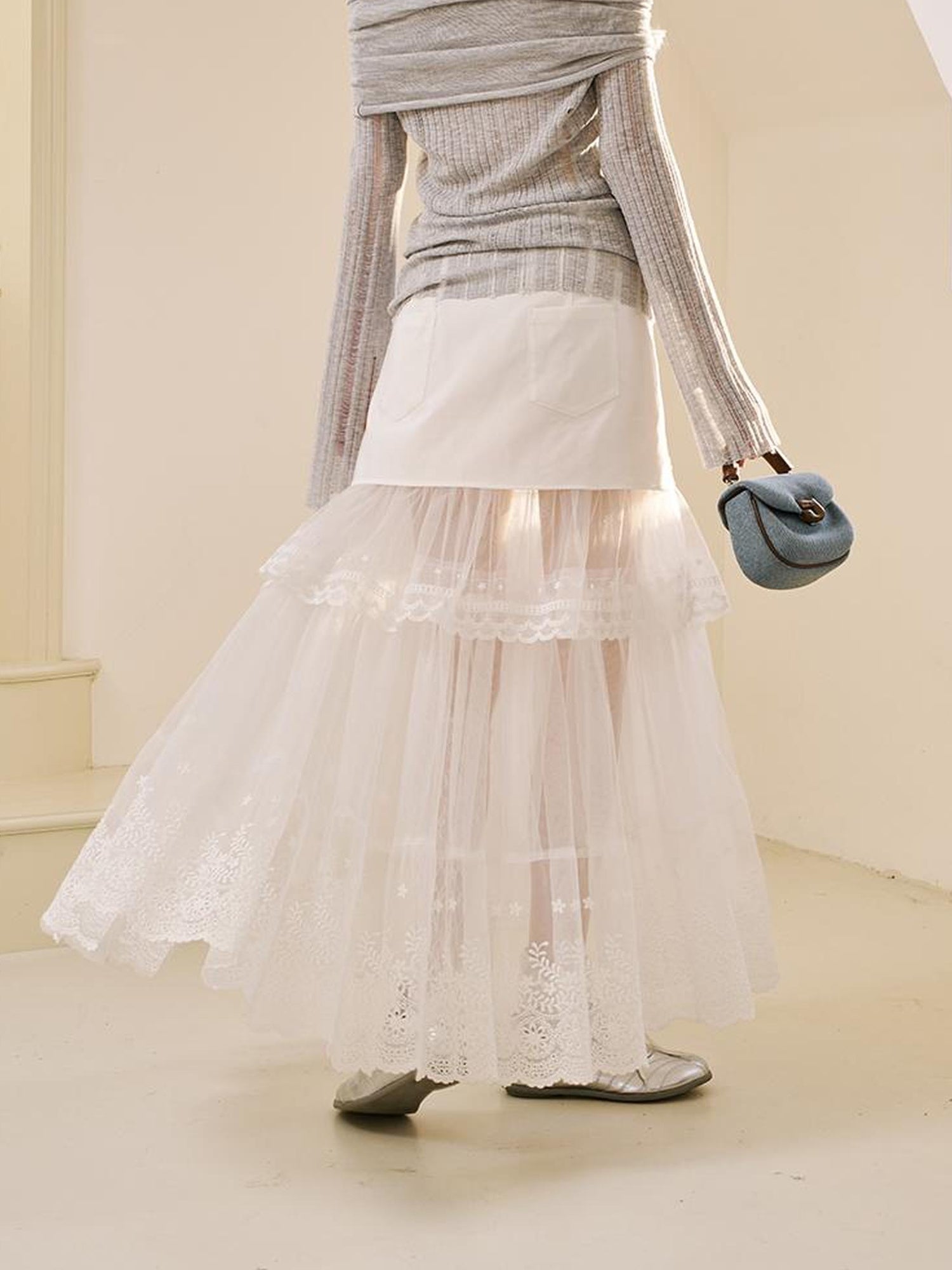 DIDDI MODA Lace Bow Trimmed Sheer Mesh Midi Skirt