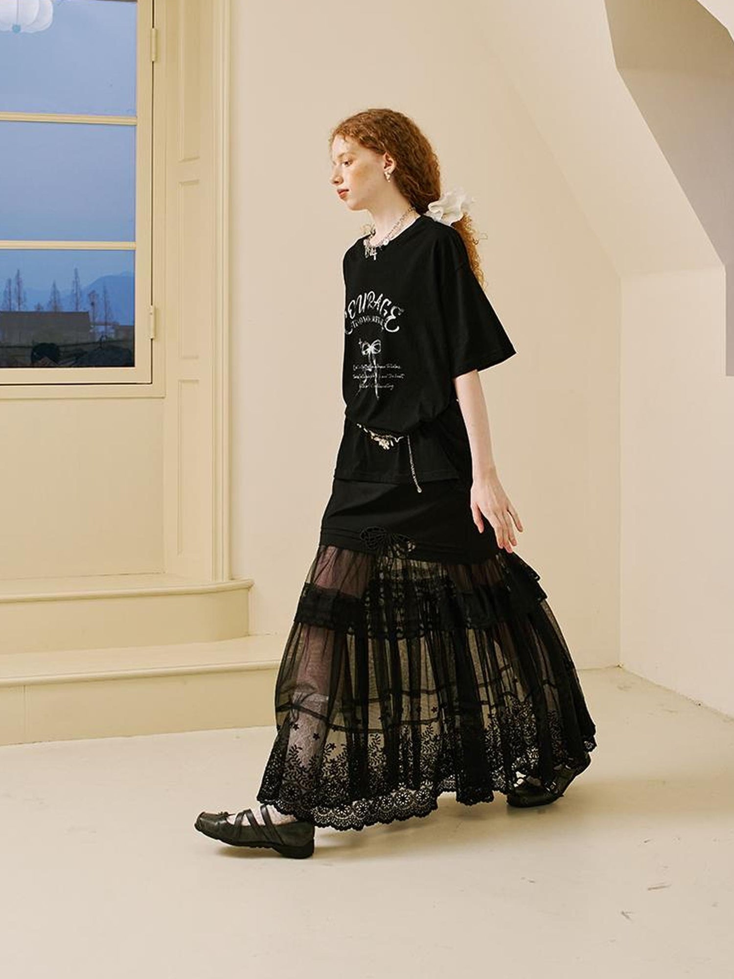 DIDDI MODA Lace Bow Trimmed Sheer Mesh Midi Skirt