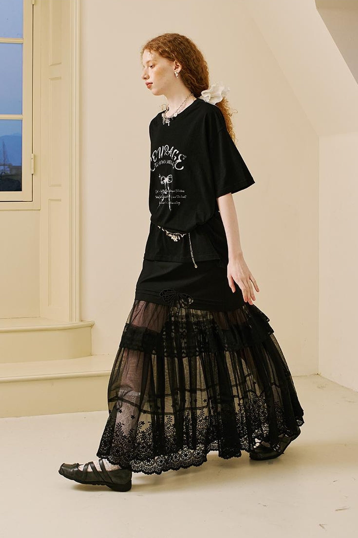 DIDDI MODA Lace Bow Trimmed Sheer Mesh Midi Skirt