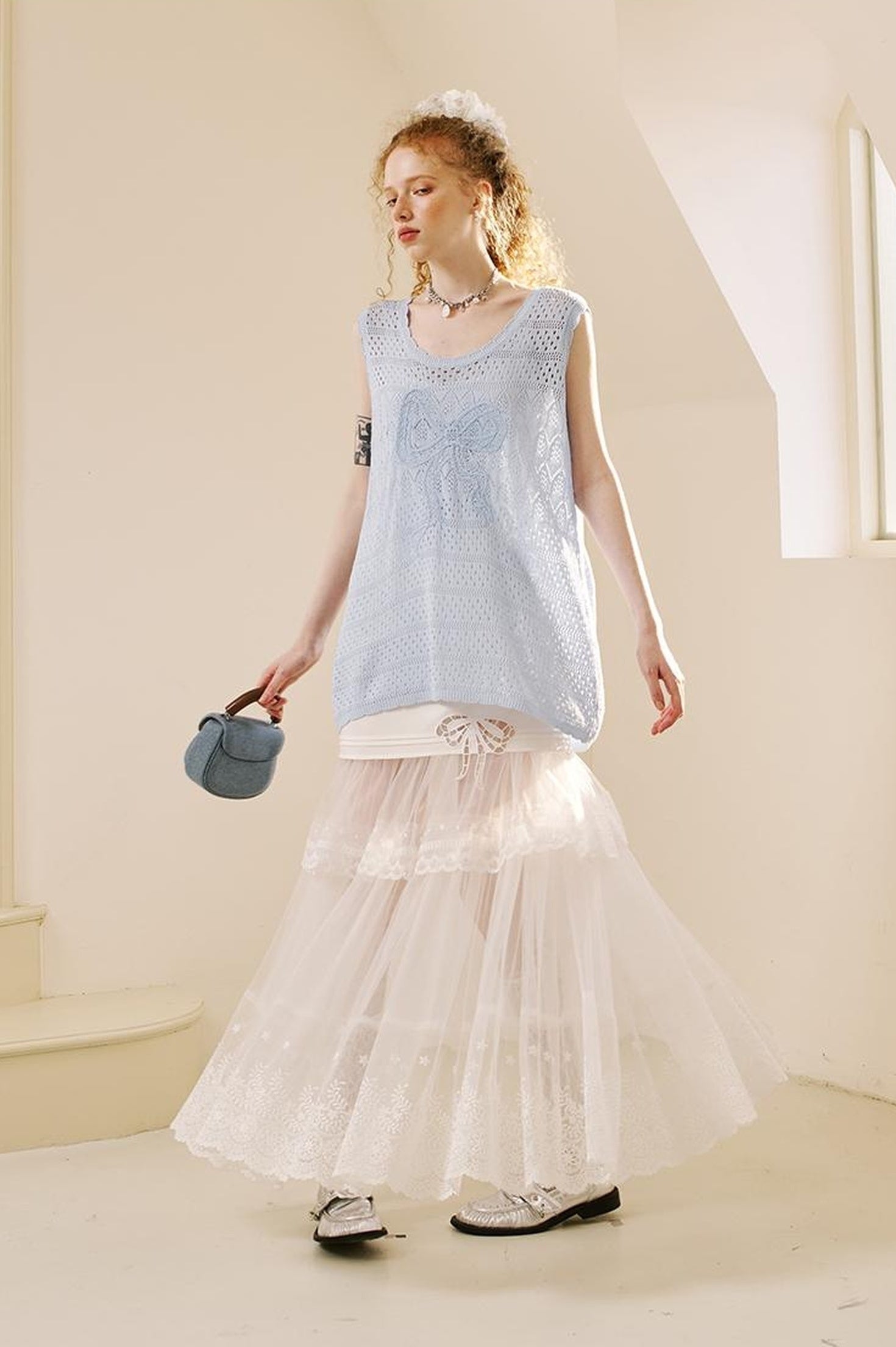 DIDDI MODA Lace Bow Trimmed Sheer Mesh Midi Skirt