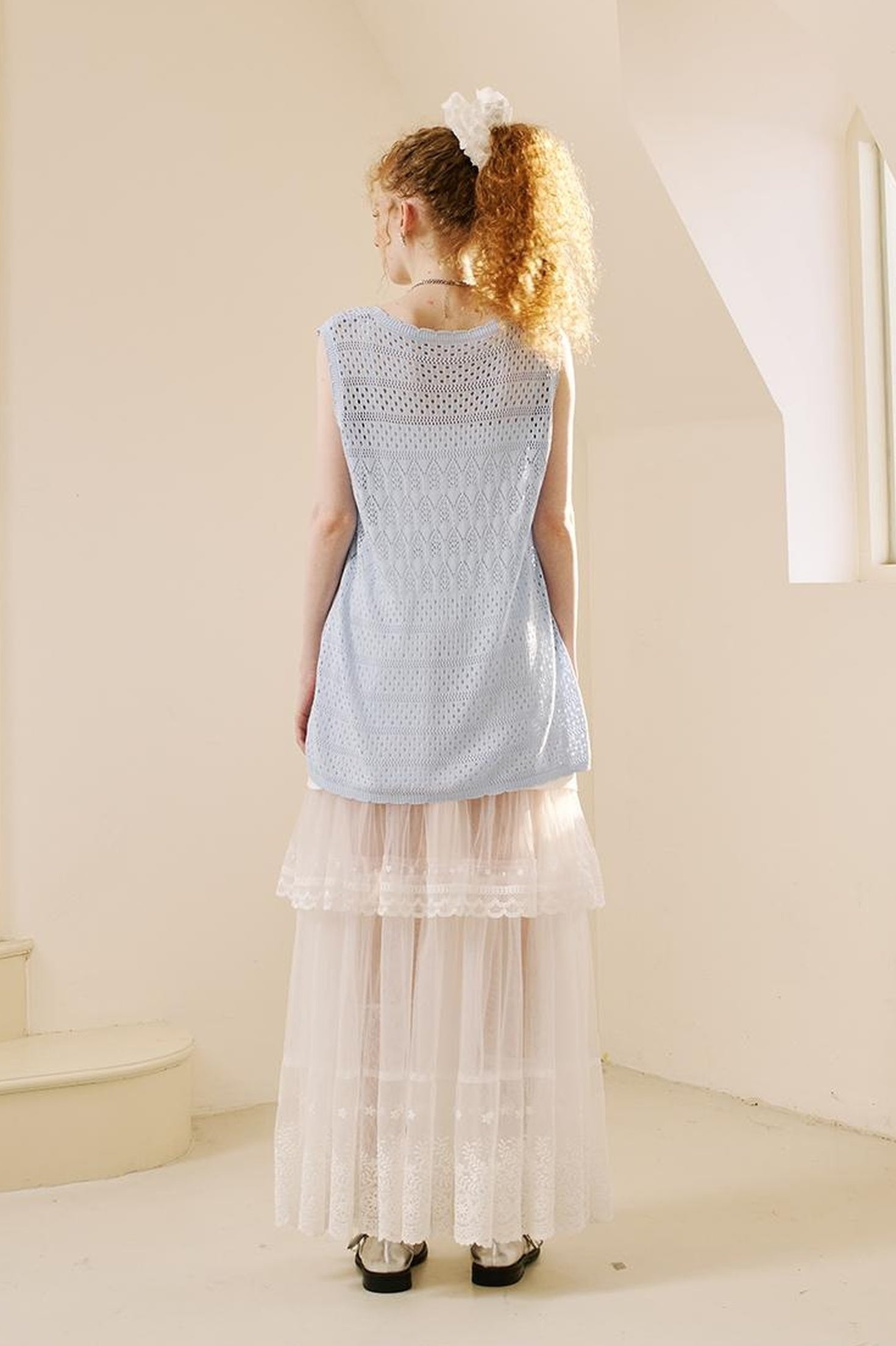 DIDDI MODA Lace Bow Trimmed Sheer Mesh Midi Skirt