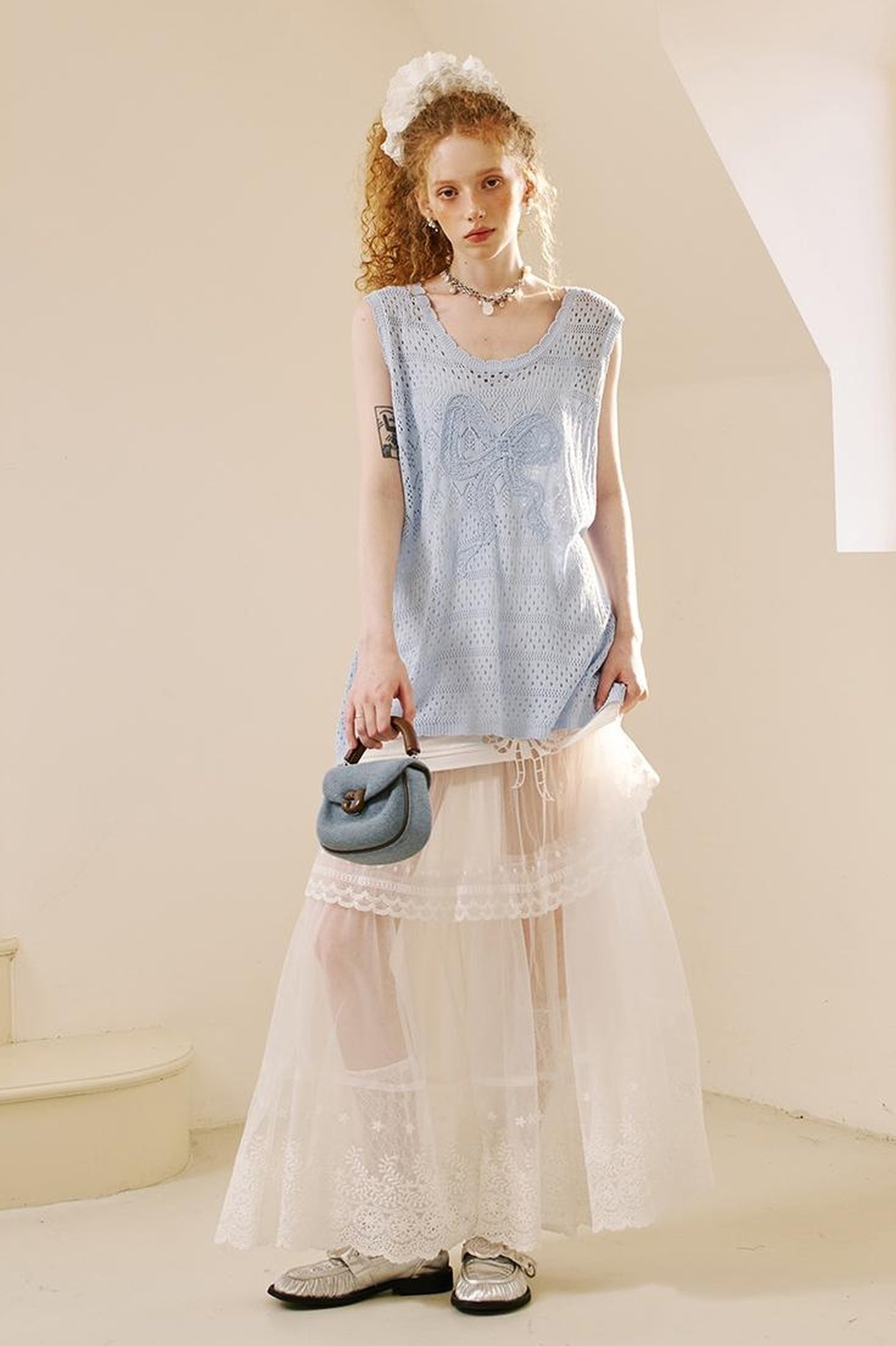 DIDDI MODA Lace Bow Trimmed Sheer Mesh Midi Skirt