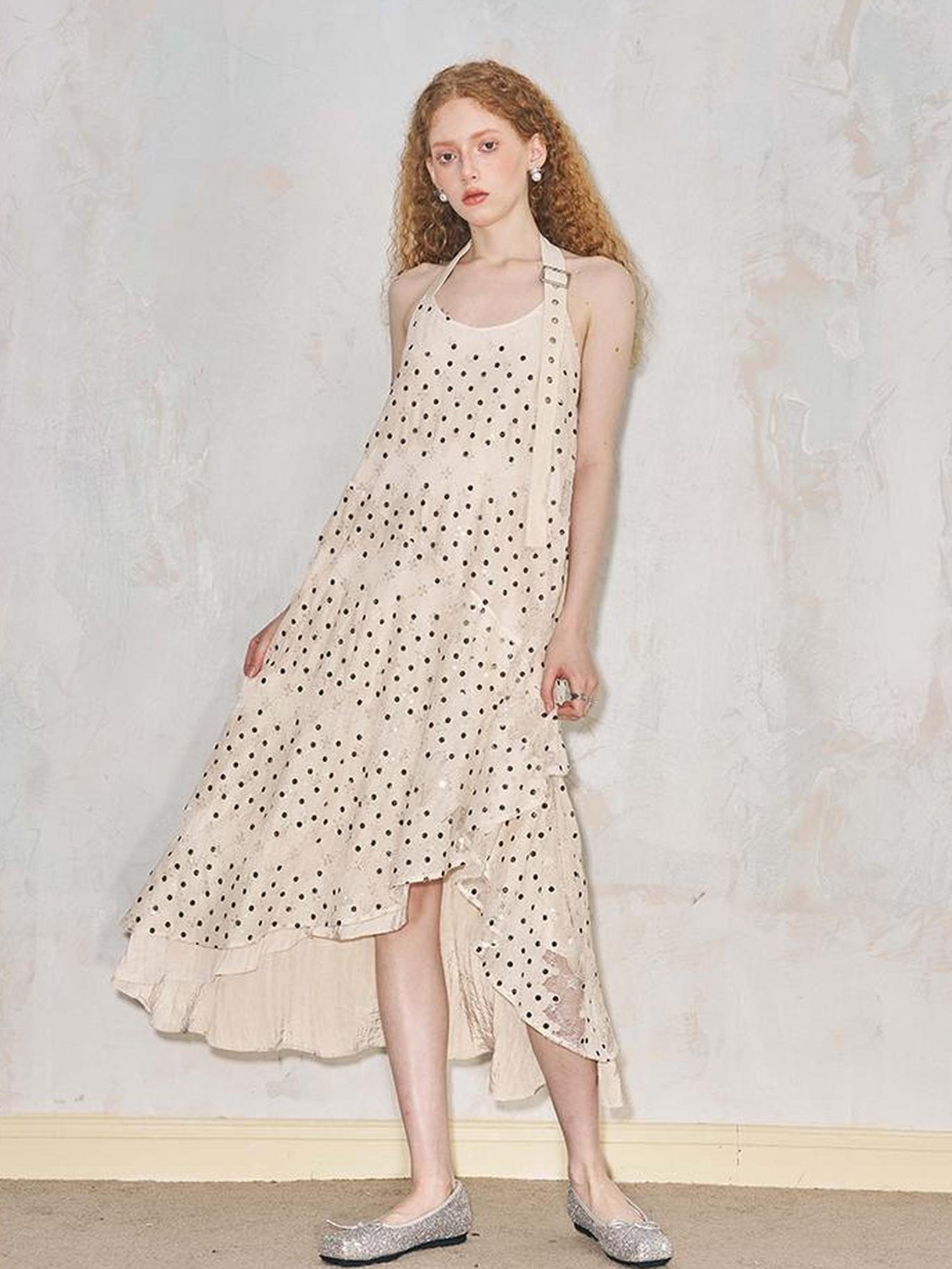 DIDDI MODA Lace Cutout Asymmetrical Halter Maxi Dress