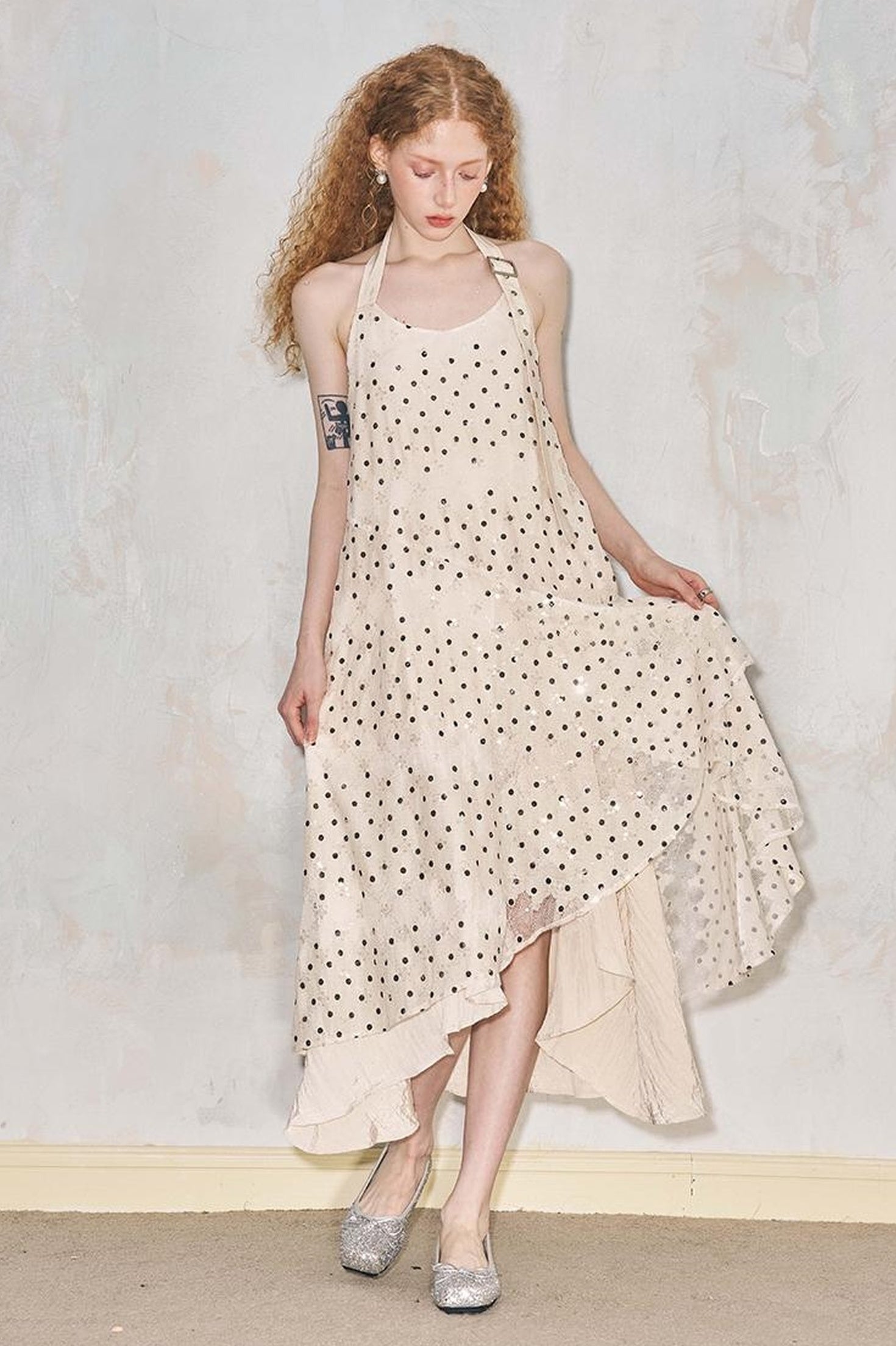 DIDDI MODA Lace Cutout Asymmetrical Halter Maxi Dress