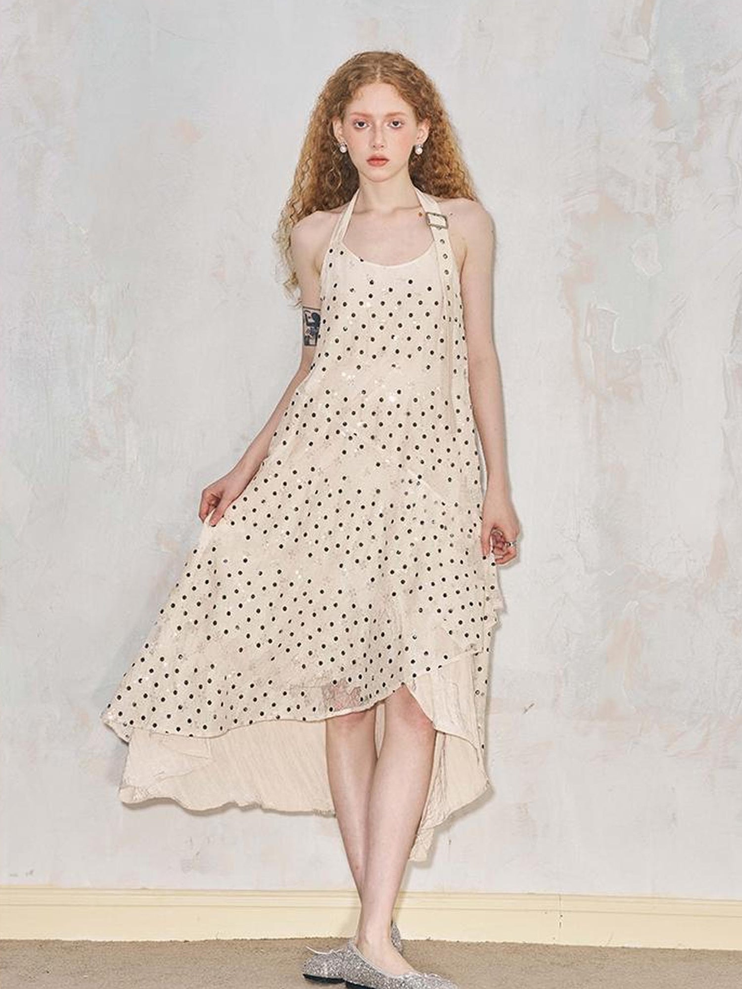 DIDDI MODA Lace Cutout Asymmetrical Halter Maxi Dress