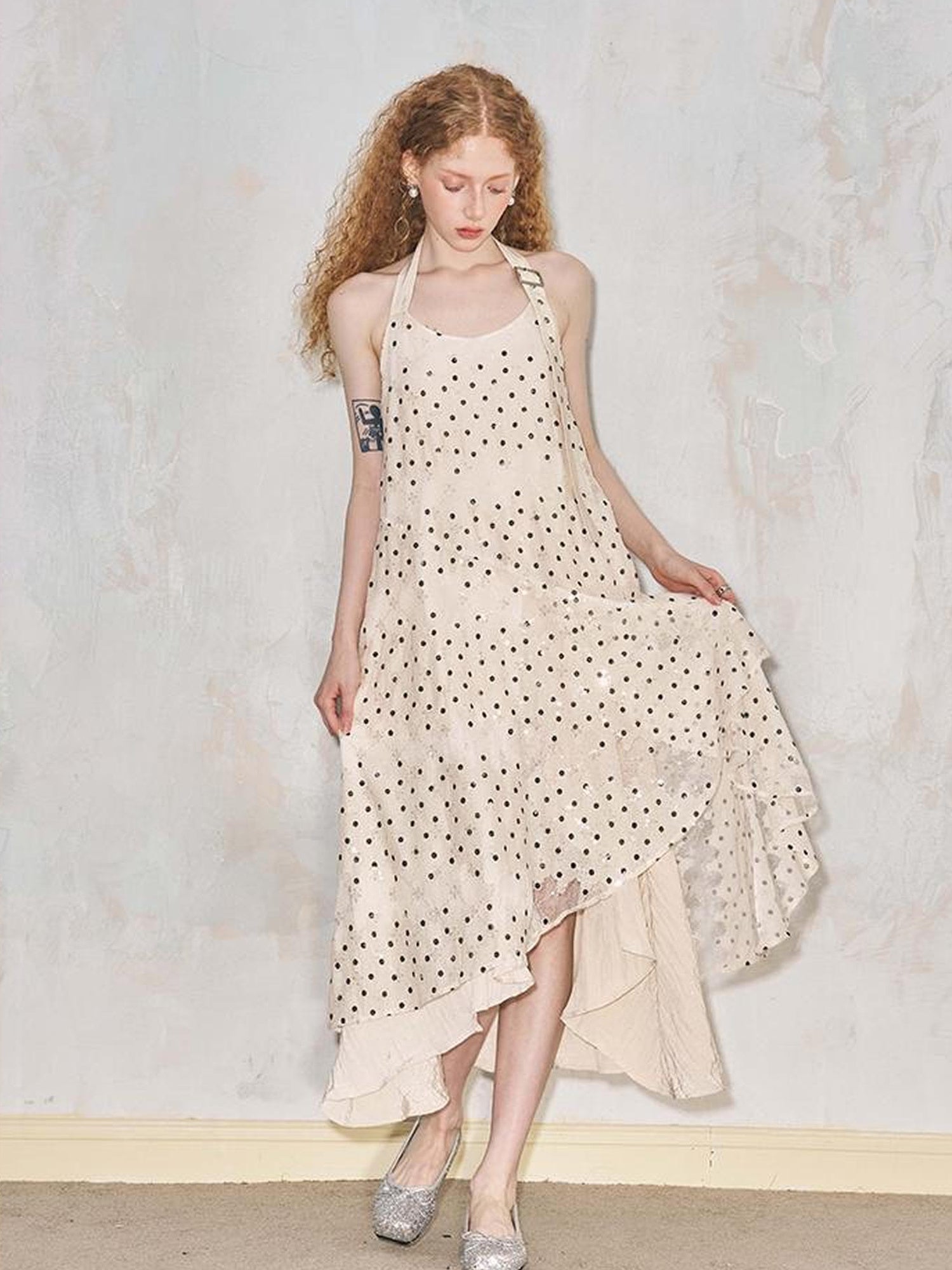 DIDDI MODA Lace Cutout Asymmetrical Halter Maxi Dress