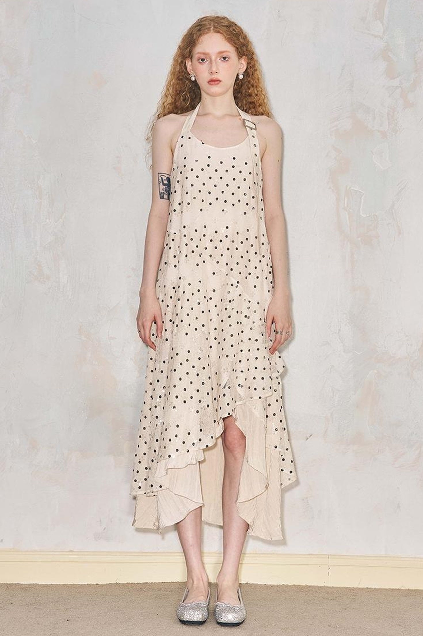 DIDDI MODA Lace Cutout Asymmetrical Halter Maxi Dress
