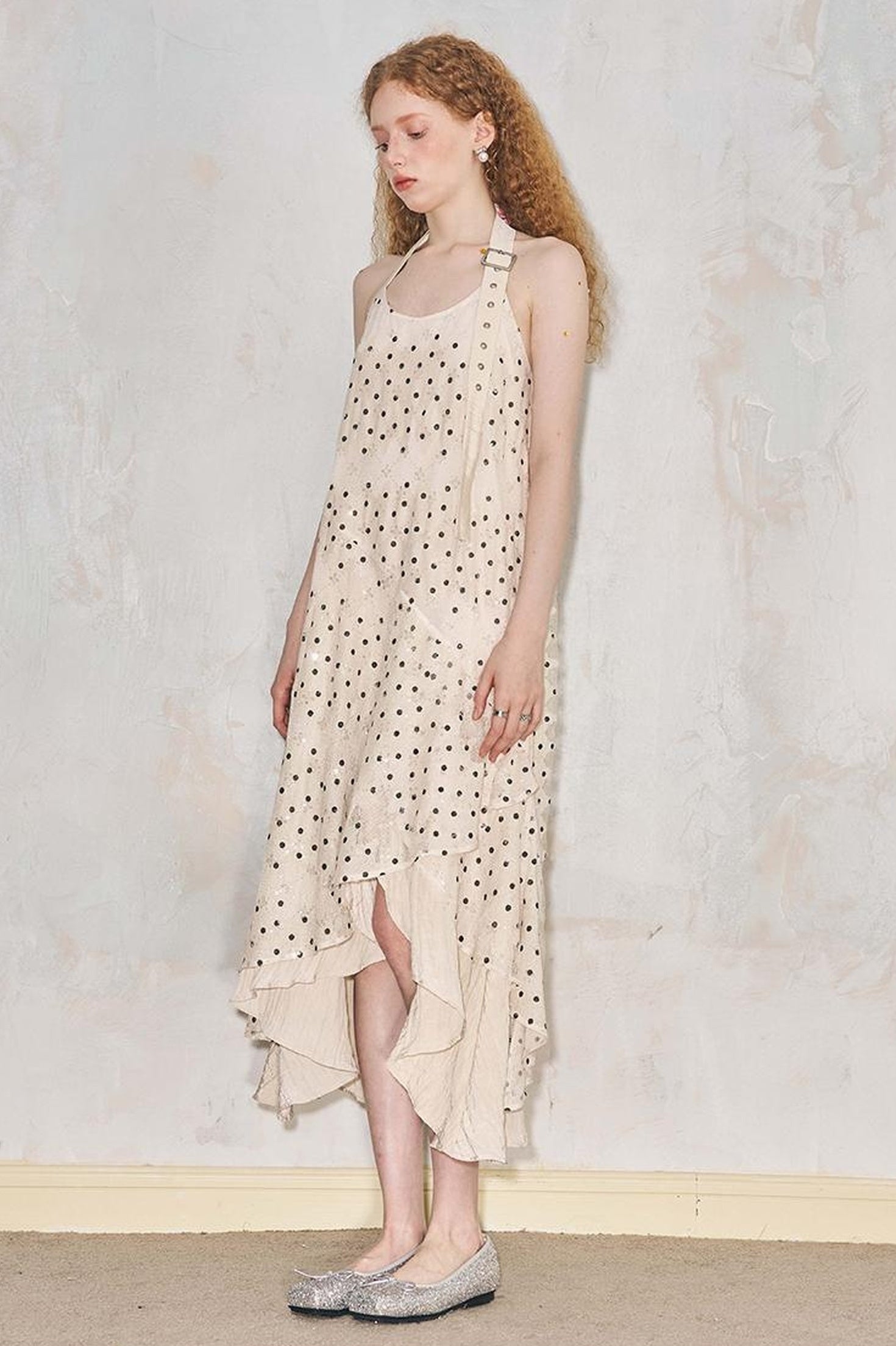 DIDDI MODA Lace Cutout Asymmetrical Halter Maxi Dress