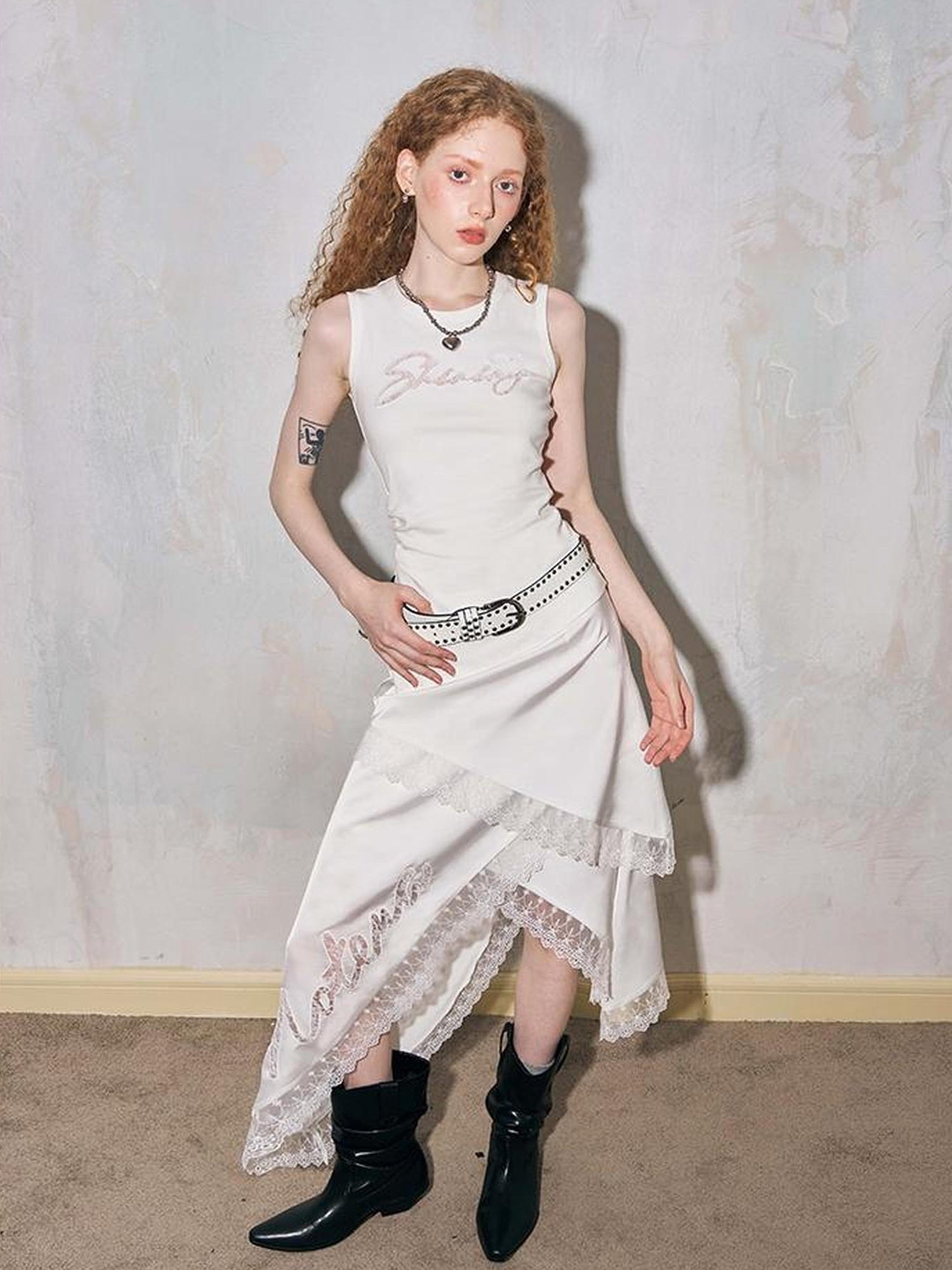 DIDDI MODA Lace Cutout Patchwork Asymmetric Slim Twist Front Summer Vest