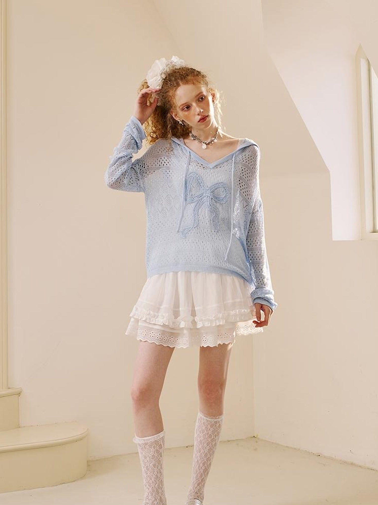 DIDDI MODA Lace Knit Bow Hooded Top