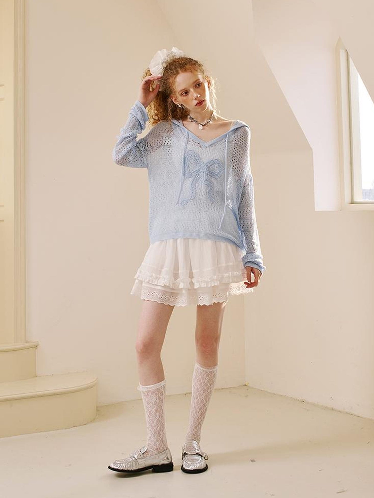 DIDDI MODA Lace Knit Bow Hooded Top