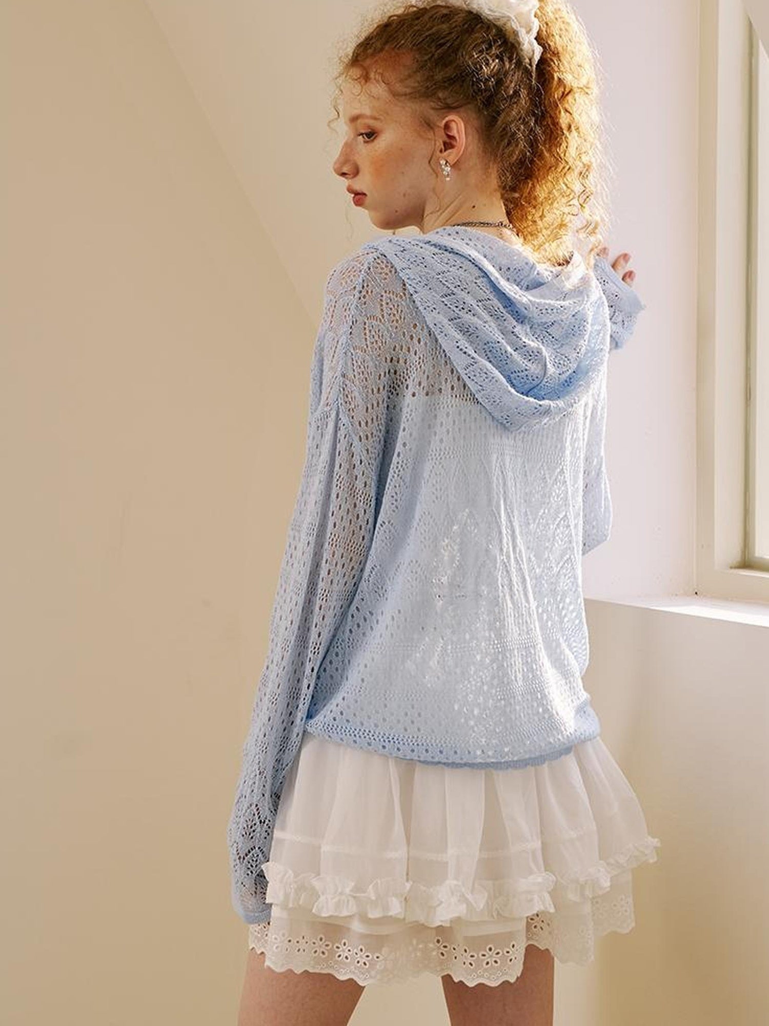 DIDDI MODA Lace Knit Bow Hooded Top