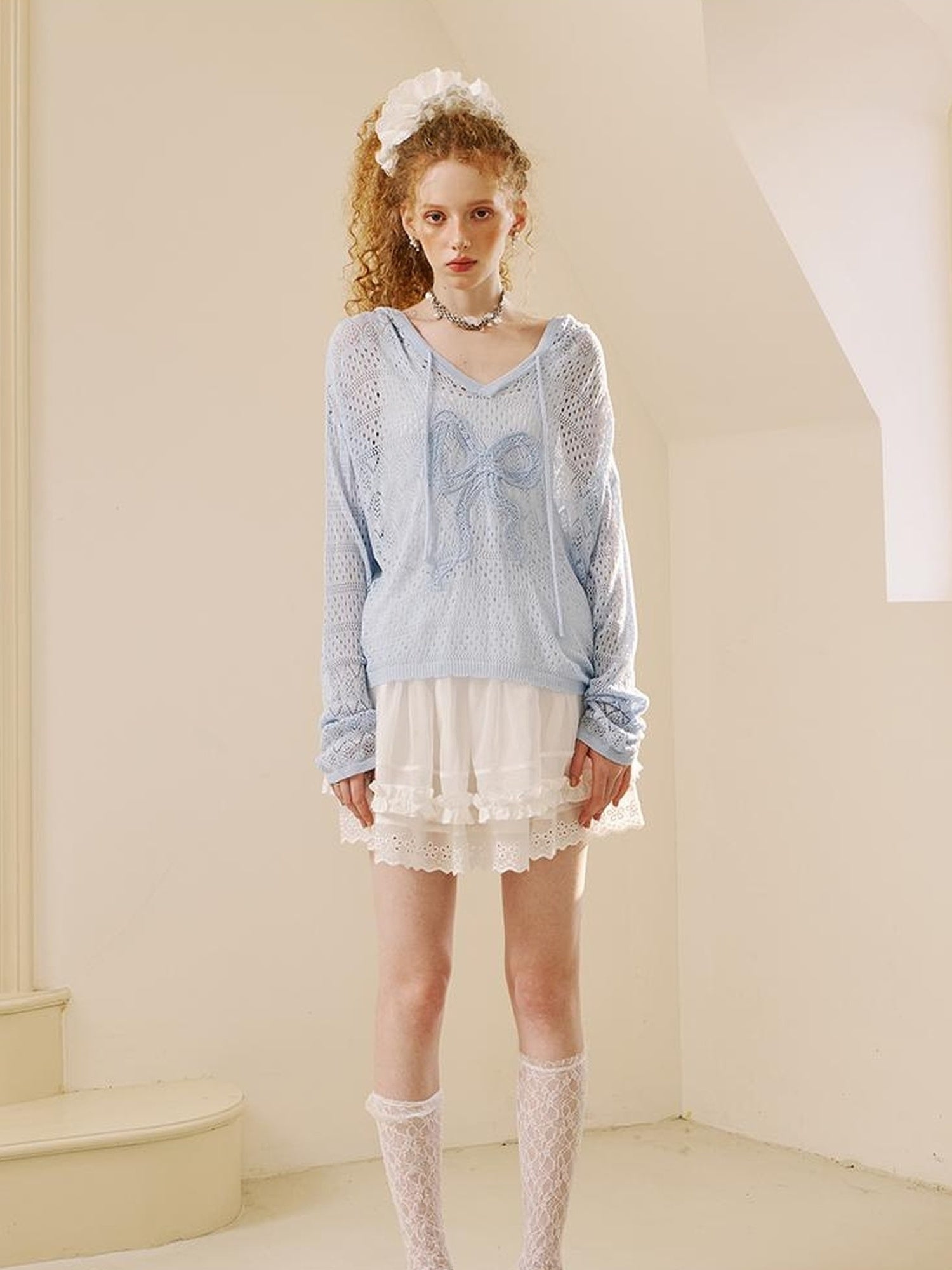 DIDDI MODA Lace Knit Bow Hooded Top