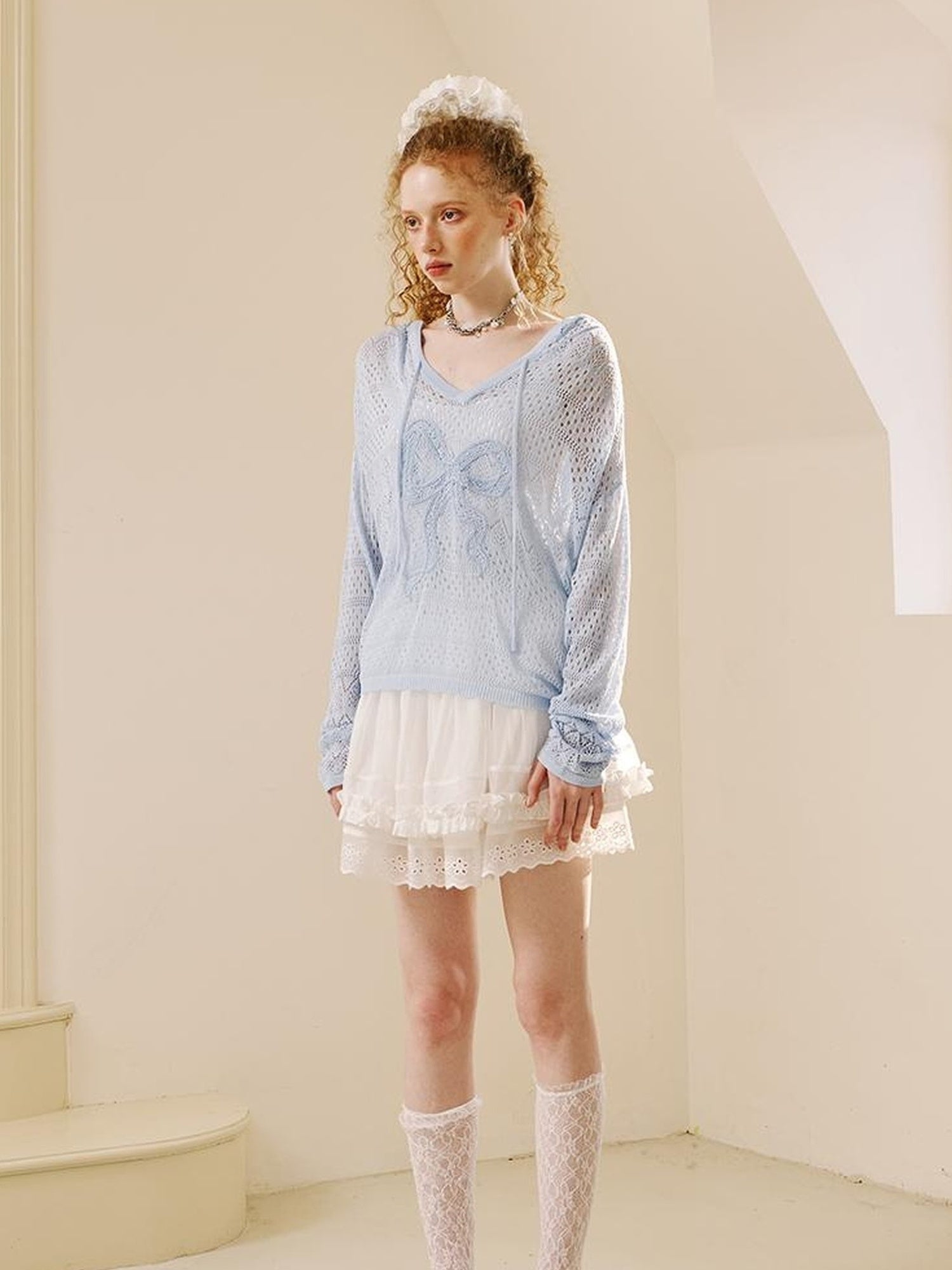 DIDDI MODA Lace Knit Bow Hooded Top