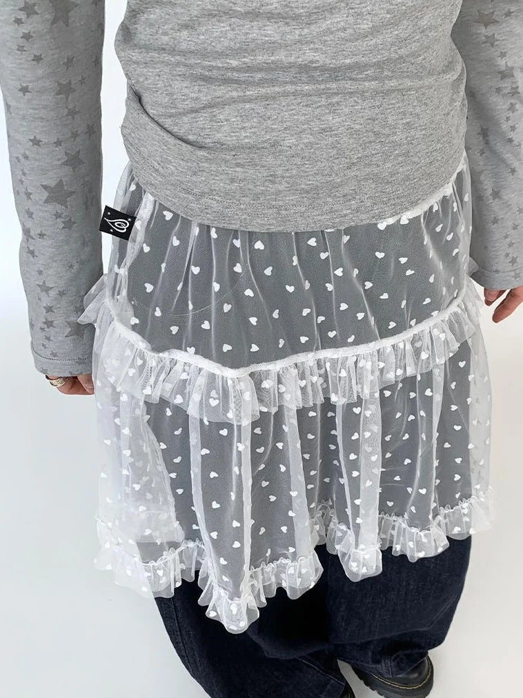 Lace Mesh Polka Dot Ruffle Elastic Waist Layered Skirt