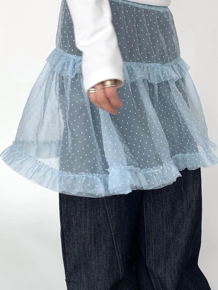 Lace Mesh Polka Dot Ruffle Elastic Waist Layered Skirt