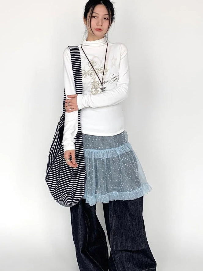 Lace Mesh Polka Dot Ruffle Elastic Waist Layered Skirt