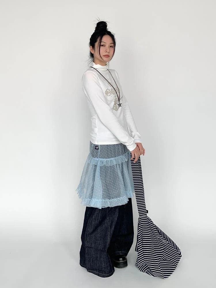 Lace Mesh Polka Dot Ruffle Elastic Waist Layered Skirt