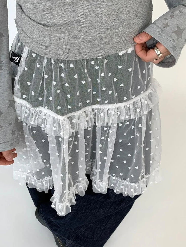 Lace Mesh Polka Dot Ruffle Elastic Waist Layered Skirt
