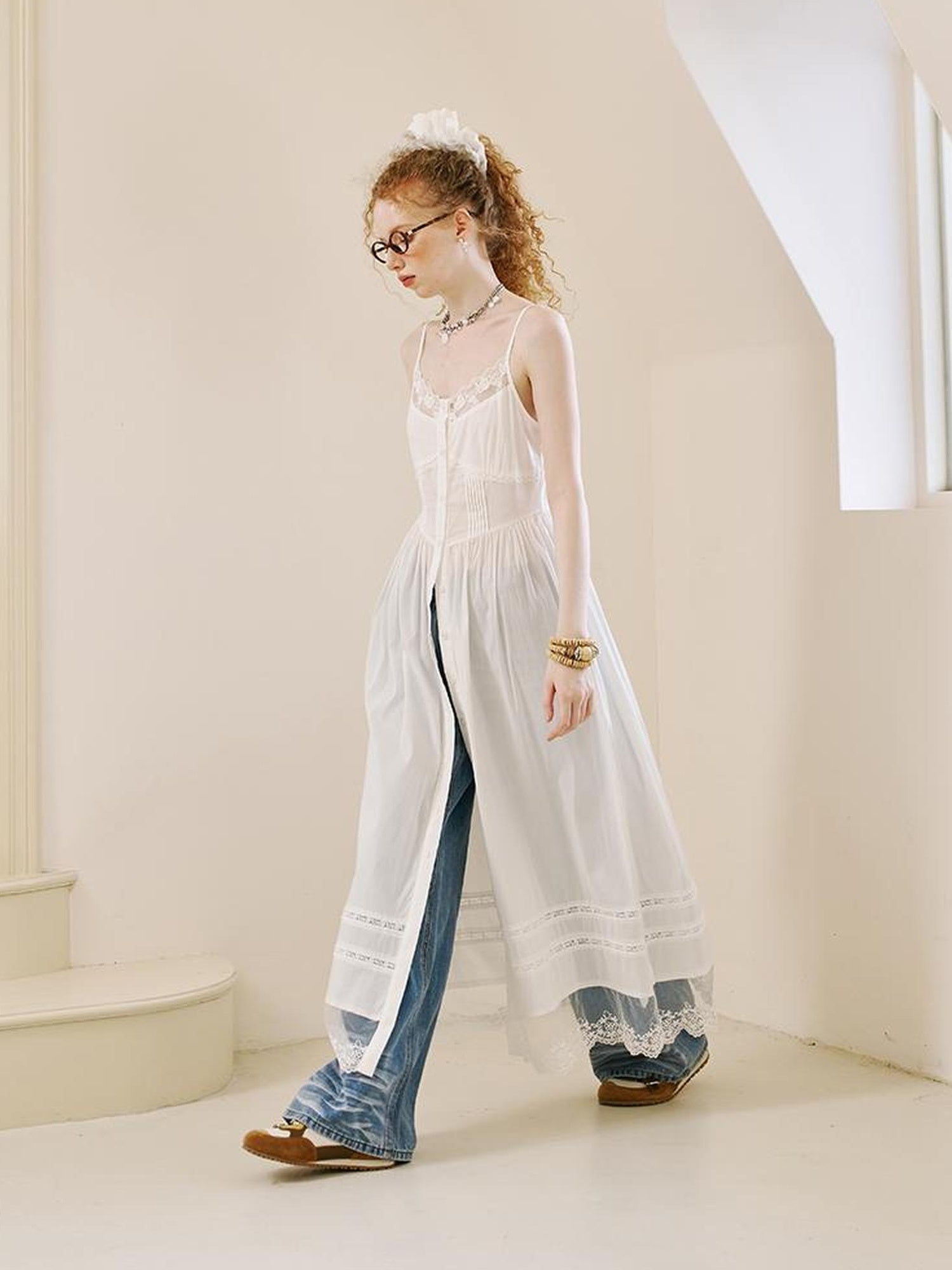 DIDDI MODA Lace Overlay Slip Dress With Floral Embroidery